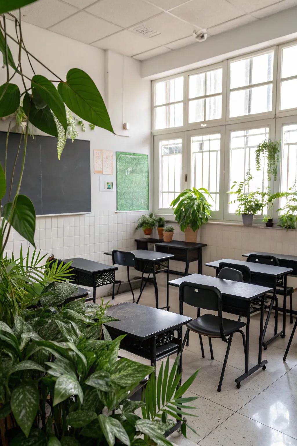 Monochrome classroom with vibrant green plants for contrast.