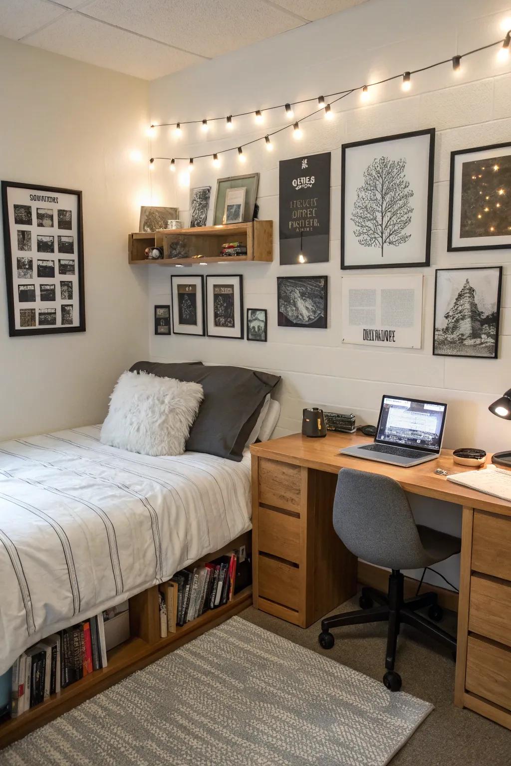 A gallery wall adds a personal touch.