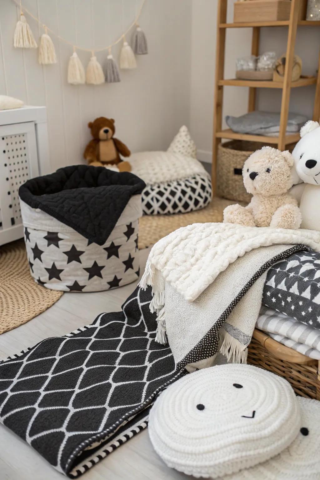 Monochrome textiles create a cozy and inviting atmosphere.