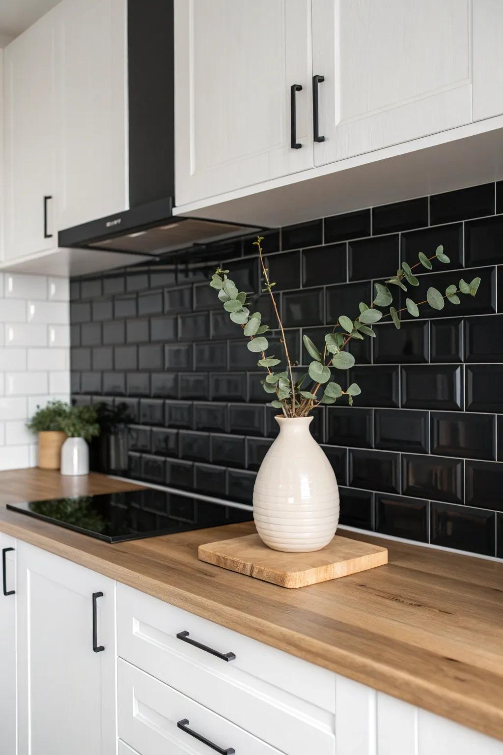 Elevate your kitchen with minimalist elegance: a striking black backsplash paired with simple, natural decor.