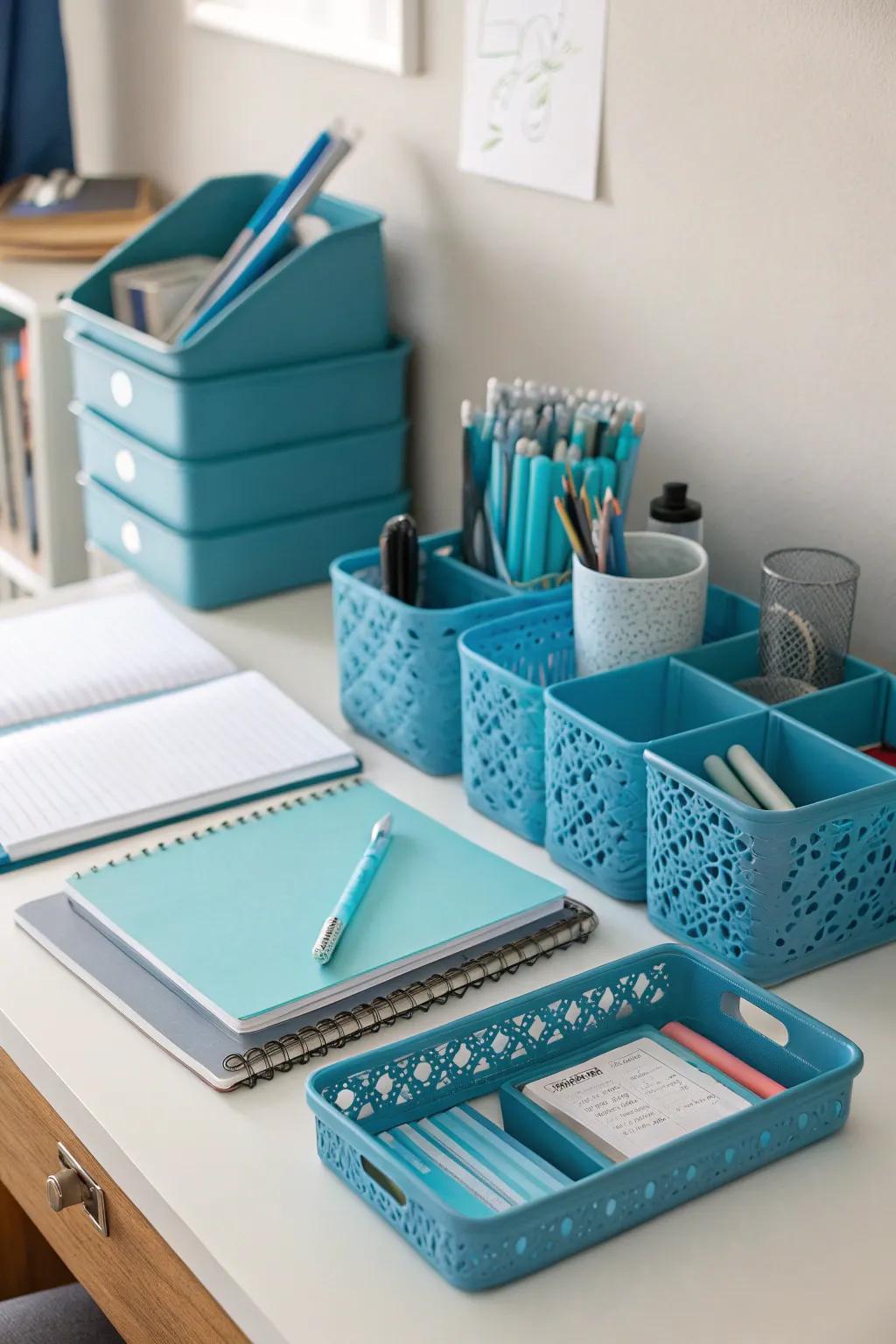Blue desk accessories make studying stylish and organized.