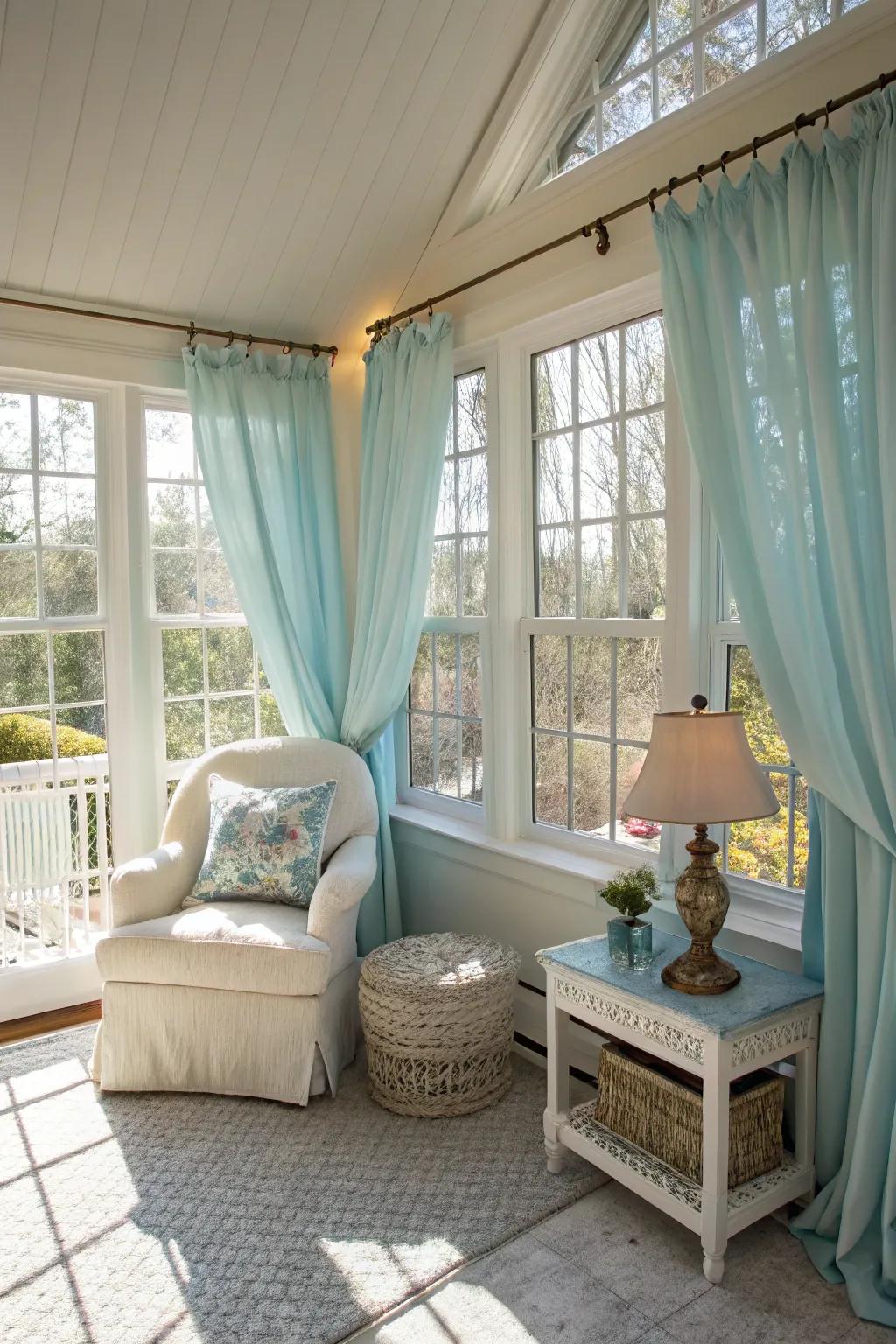 Sky blue curtains bring a light and airy feel.