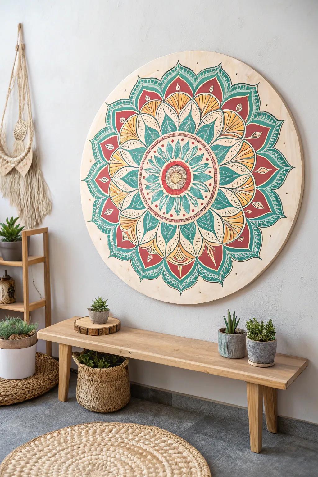 Add a splash of color and serenity to your space with this boho-inspired mandala wall art, where craftsmanship meets minimalist elegance.
