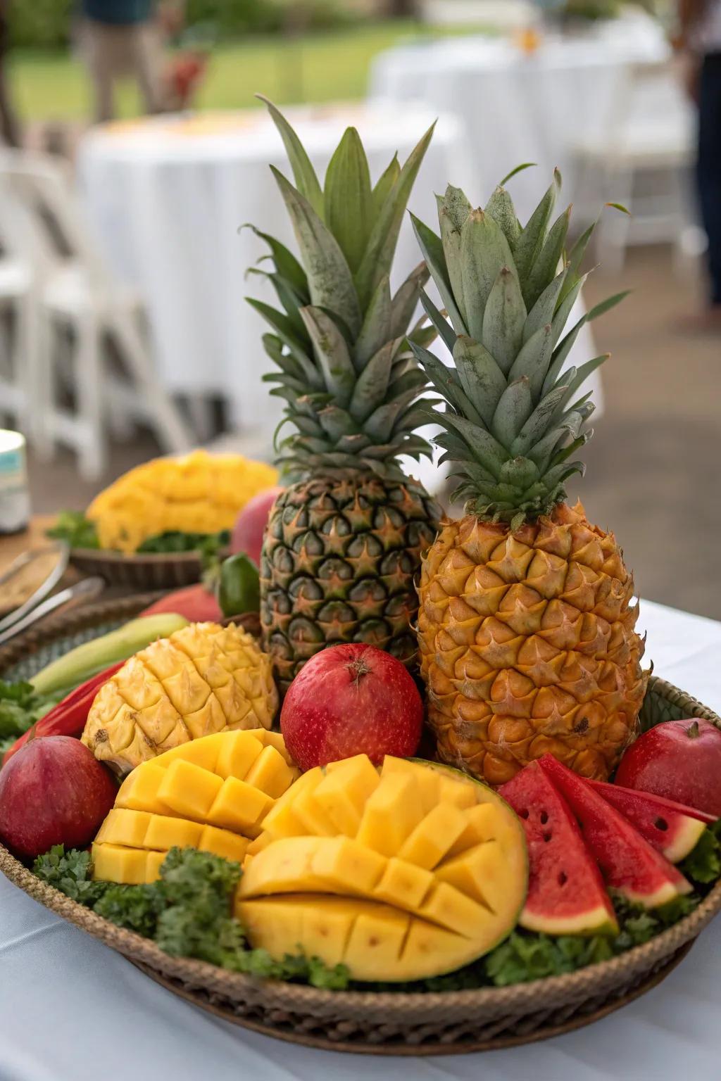A table centerpiece that captures the essence of the tropics with beautifully arranged fruits.