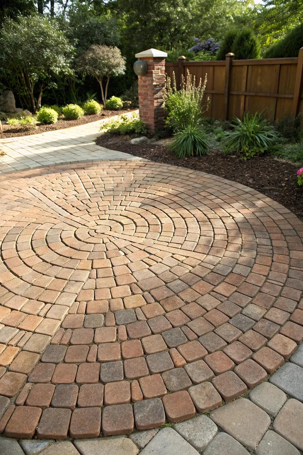 Elevate your driveway with the timeless elegance of a circular brick pattern.