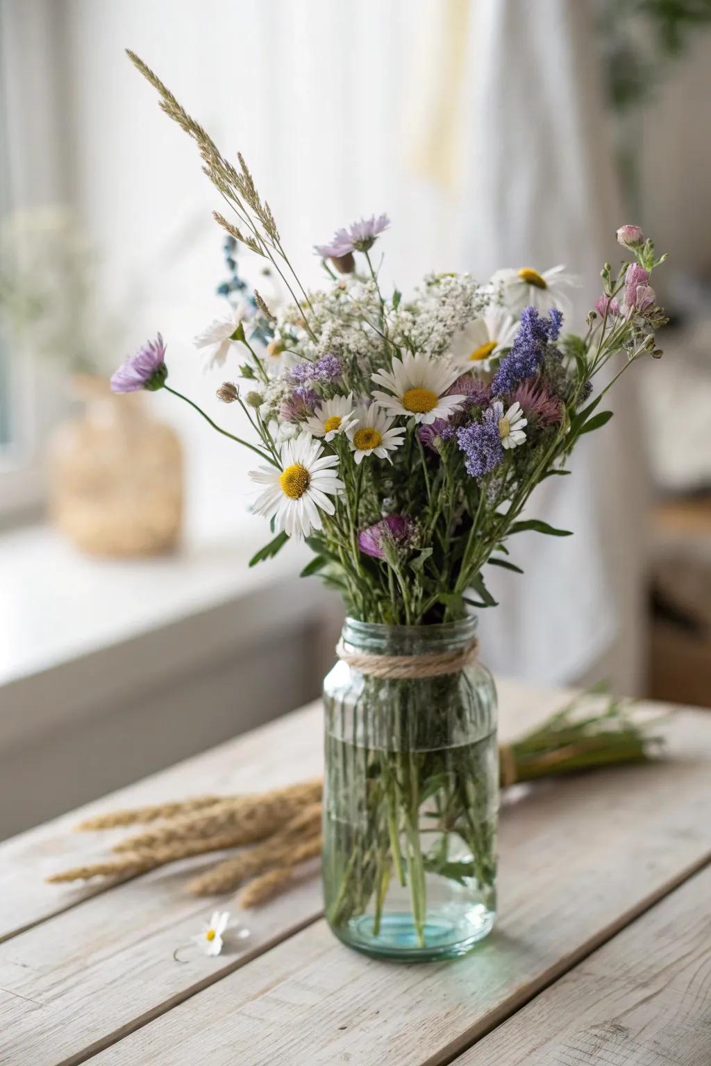 Capture rustic elegance with charming wildflower bouquets in mason jars—perfect for a thoughtful bridal shower gift.