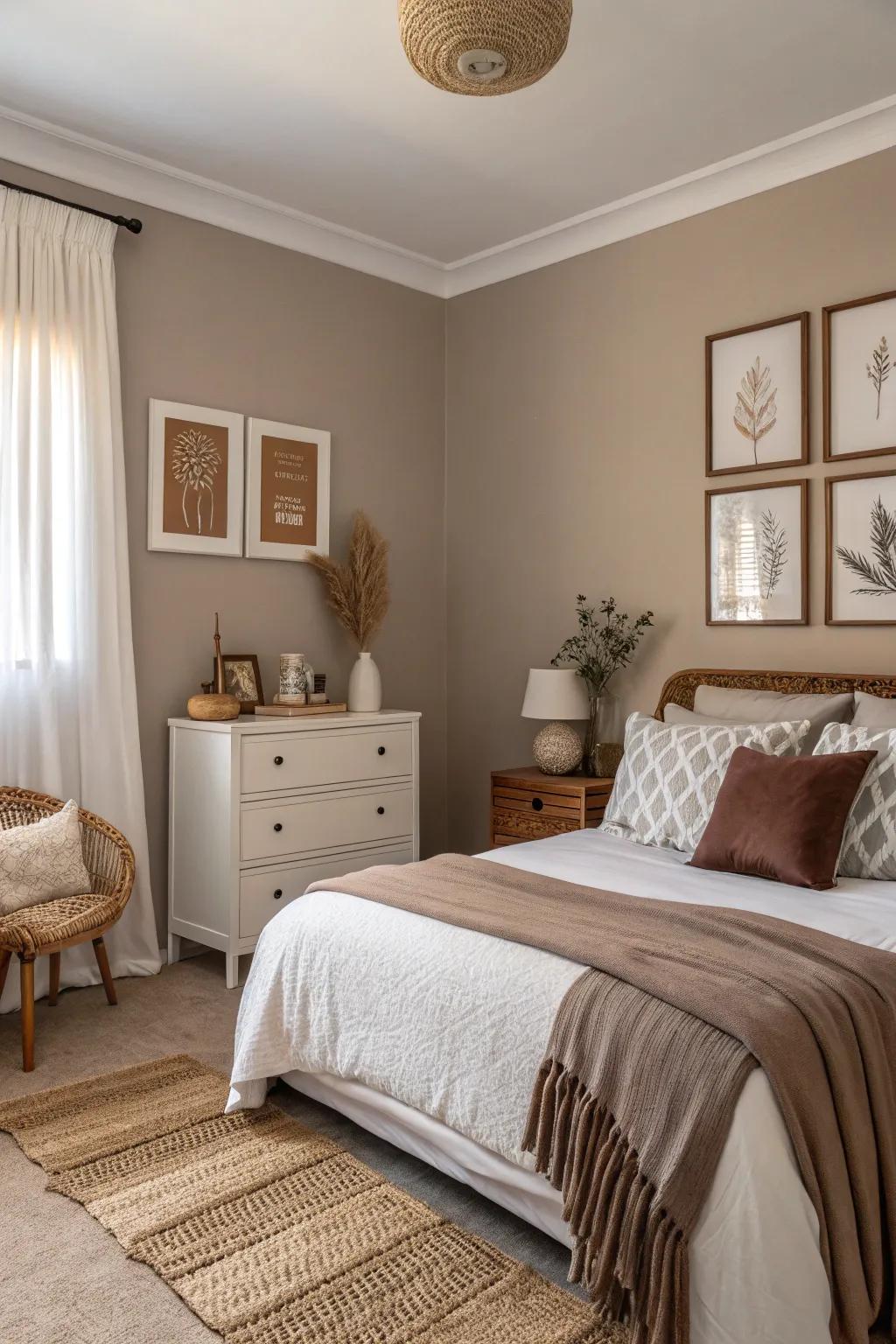 Taupe walls provide a serene and adaptable backdrop.