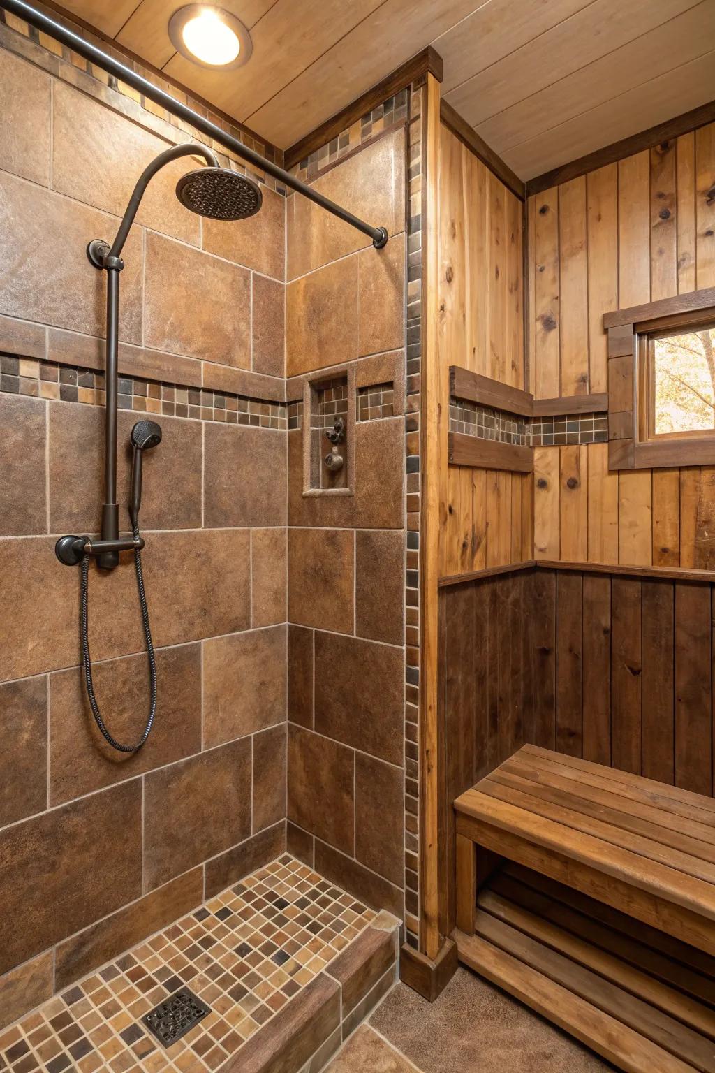 A mix of materials adds sophistication and depth to shower designs.