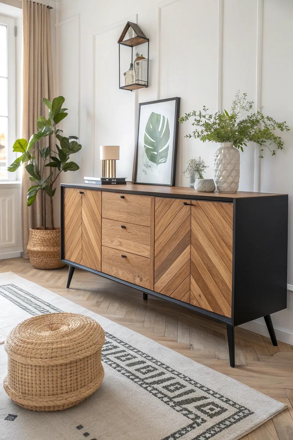 Elevate your space with a chic two-tone buffet makeover that combines minimalist elegance with a touch of boho charm.