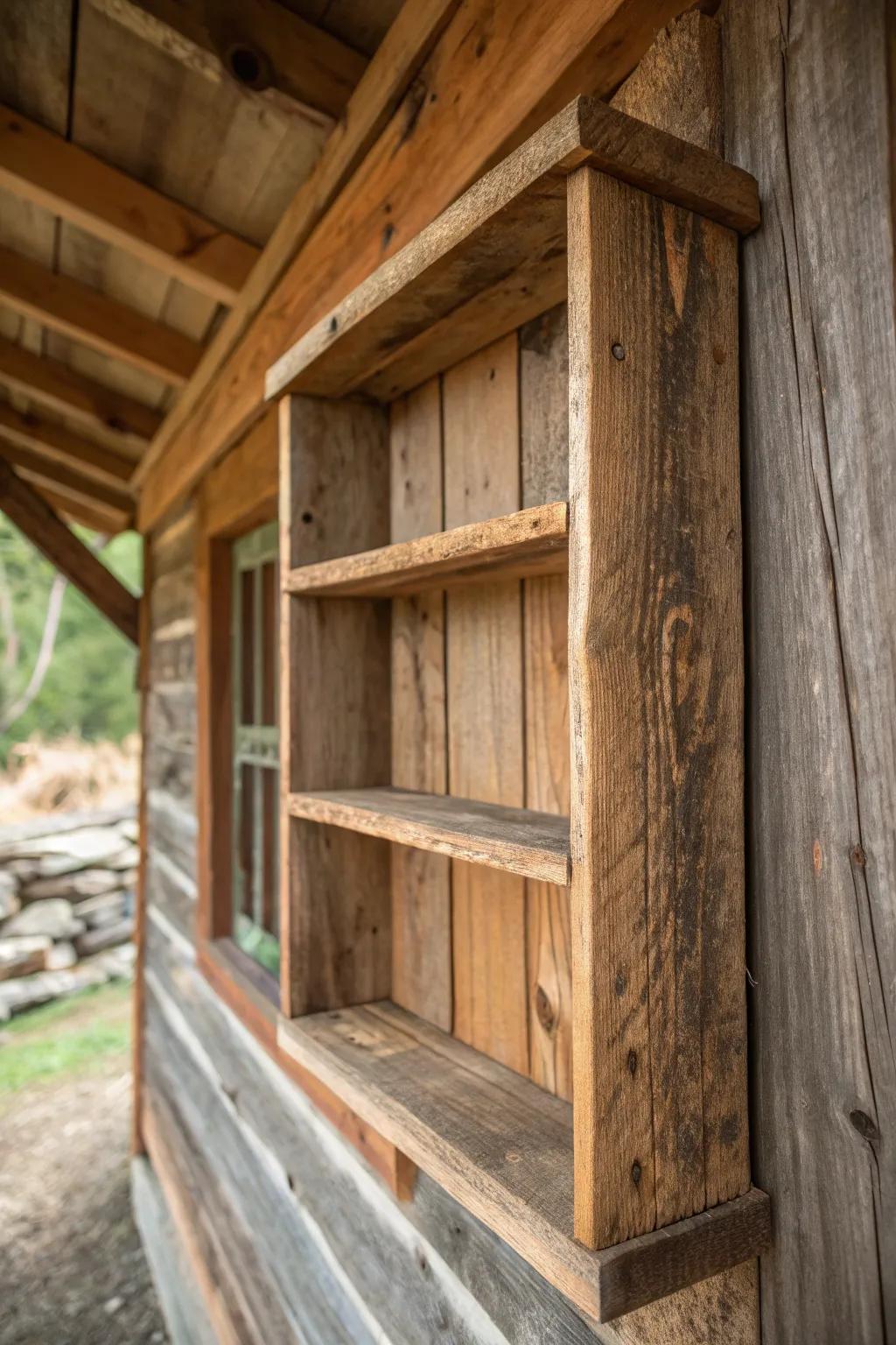 Elevate your shed with the timeless beauty of reclaimed wood shelves. #Craftsmanship #SustainableDesign