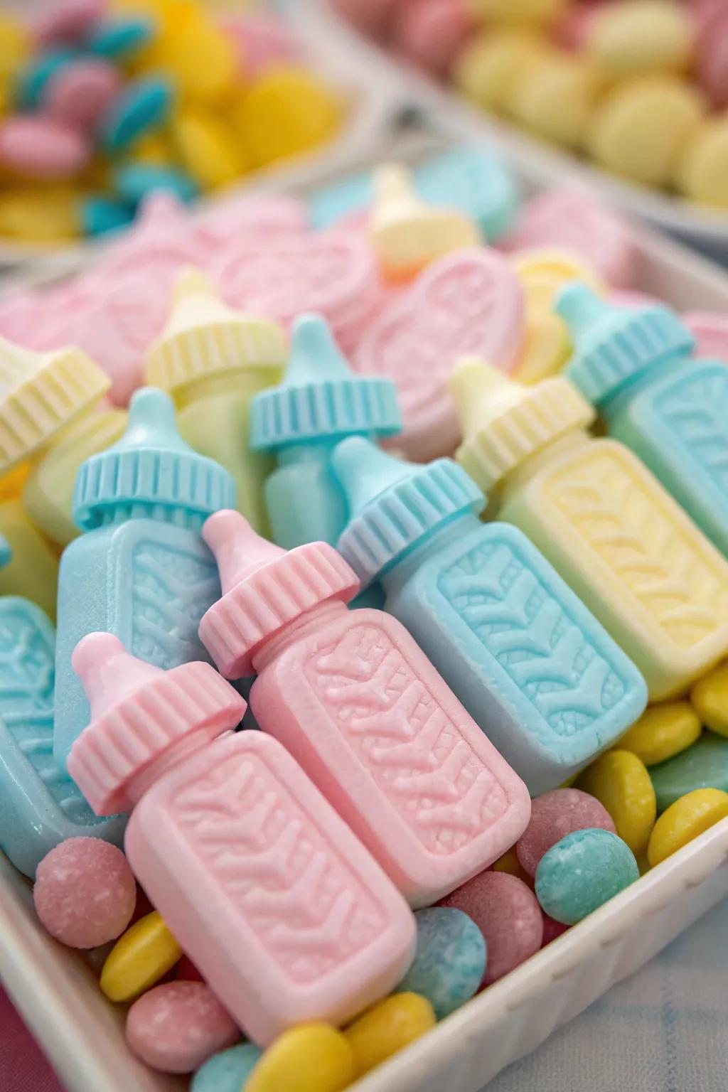 Baby-themed candy shapes add a festive touch.