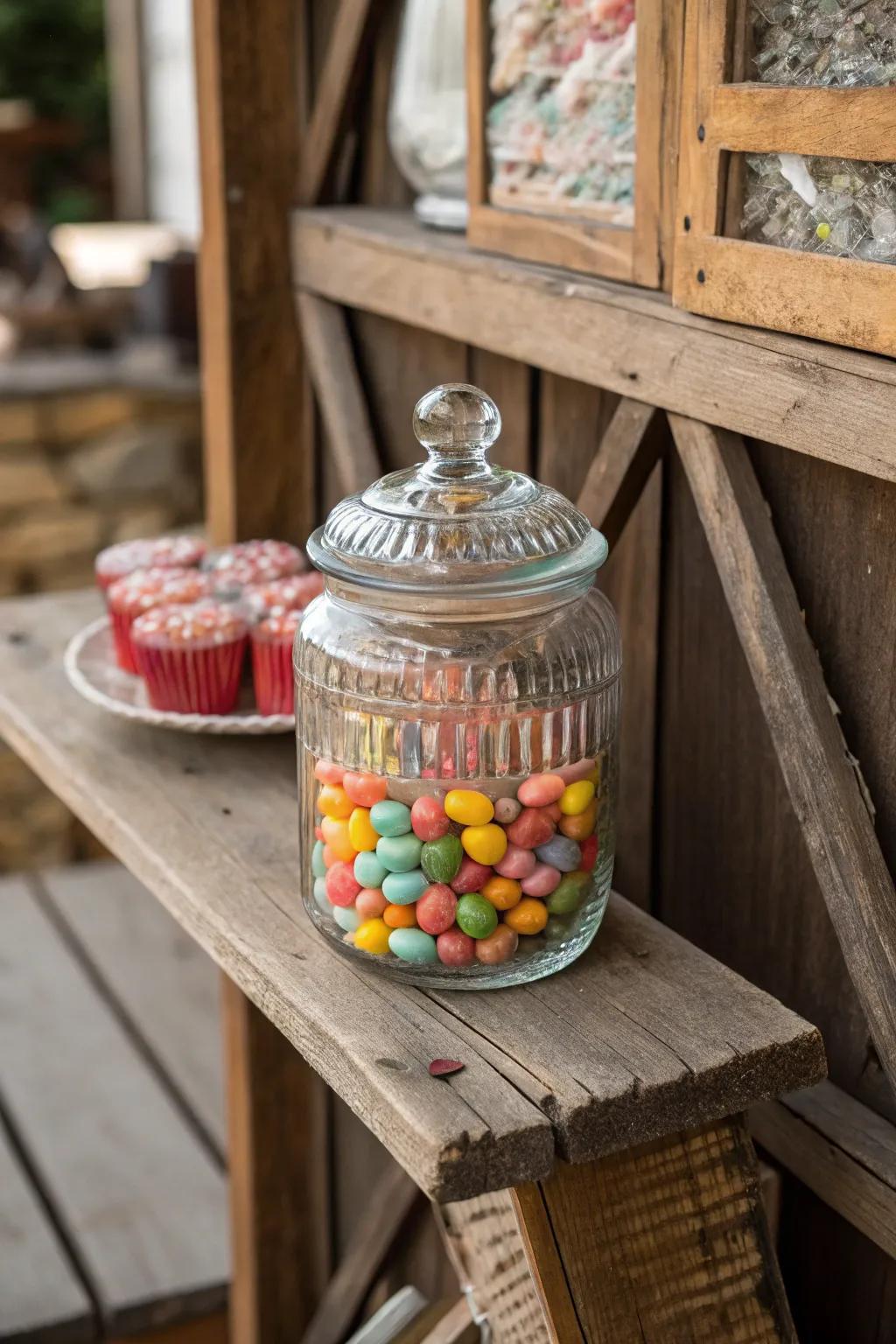 Vintage jars bring a nostalgic touch to candy storage.