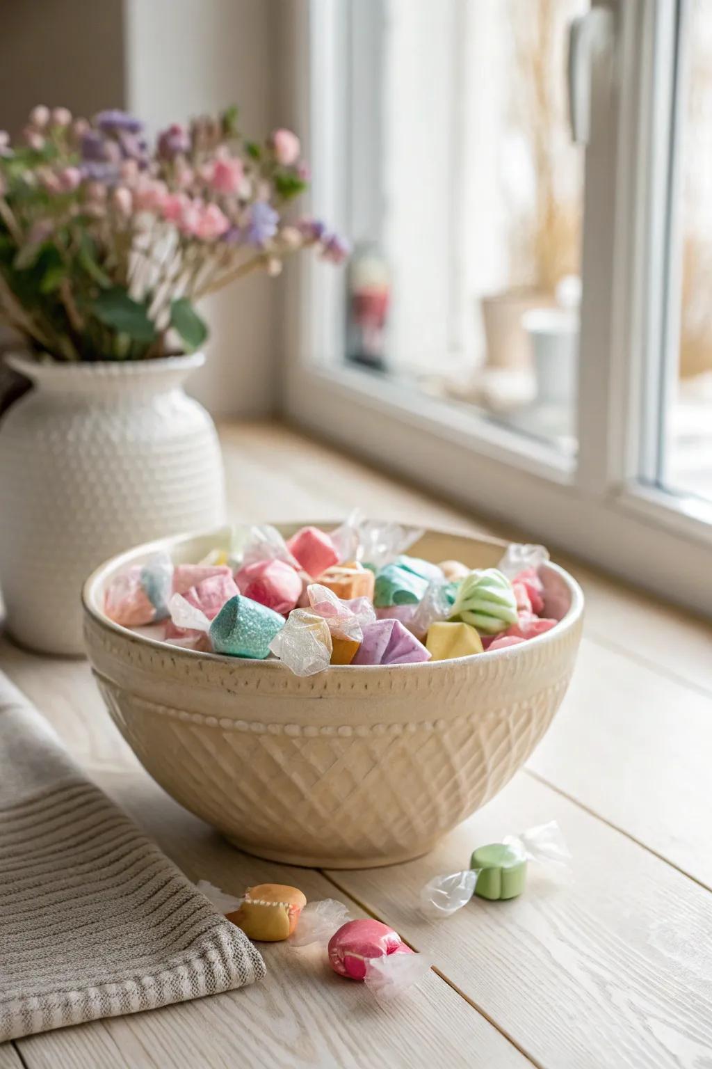 A delightful candy medley in a handcrafted bowl, perfect for a sweet treat with a touch of elegance.