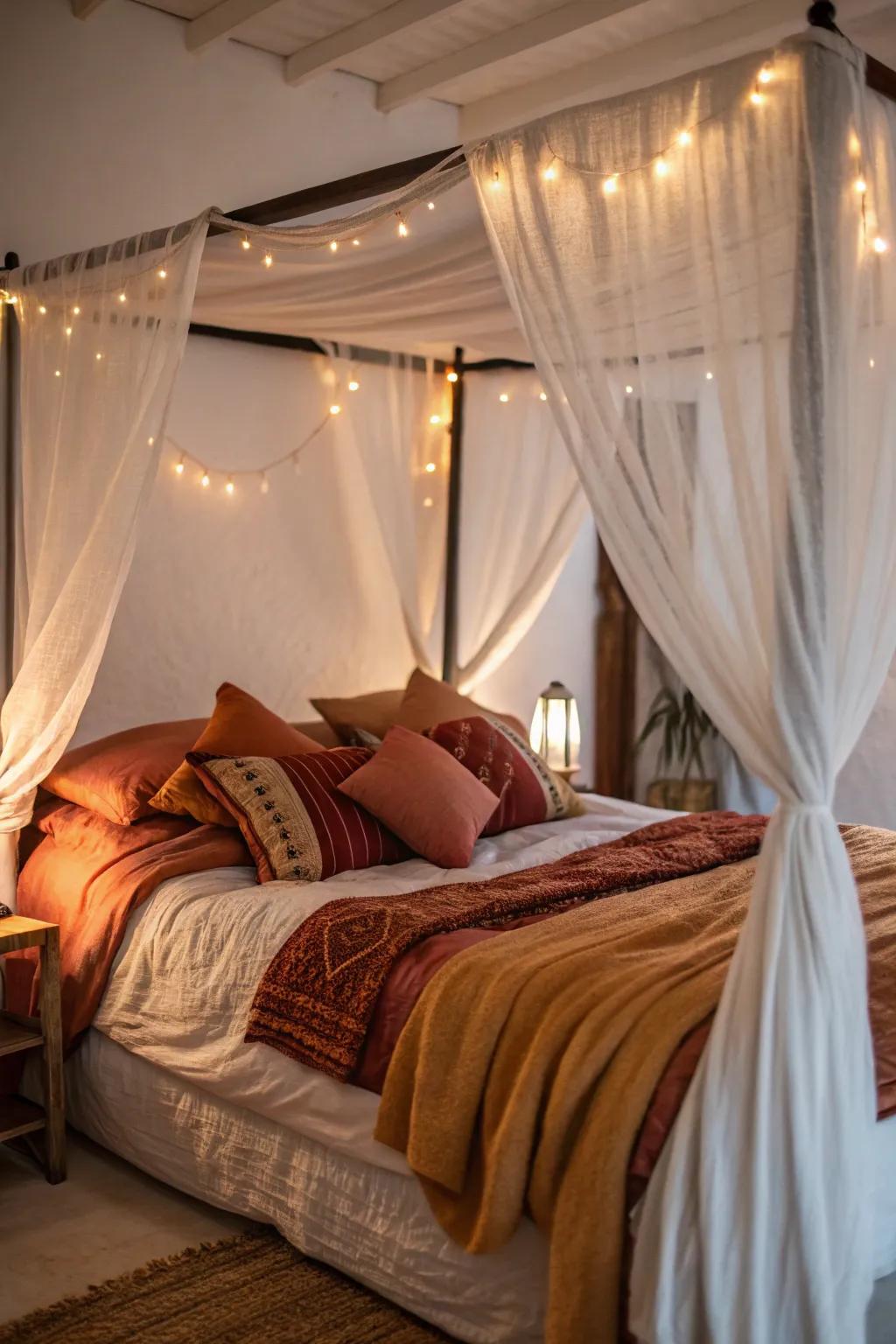 Layered fabrics and soft lighting create a cozy ambiance around your canopy bed.