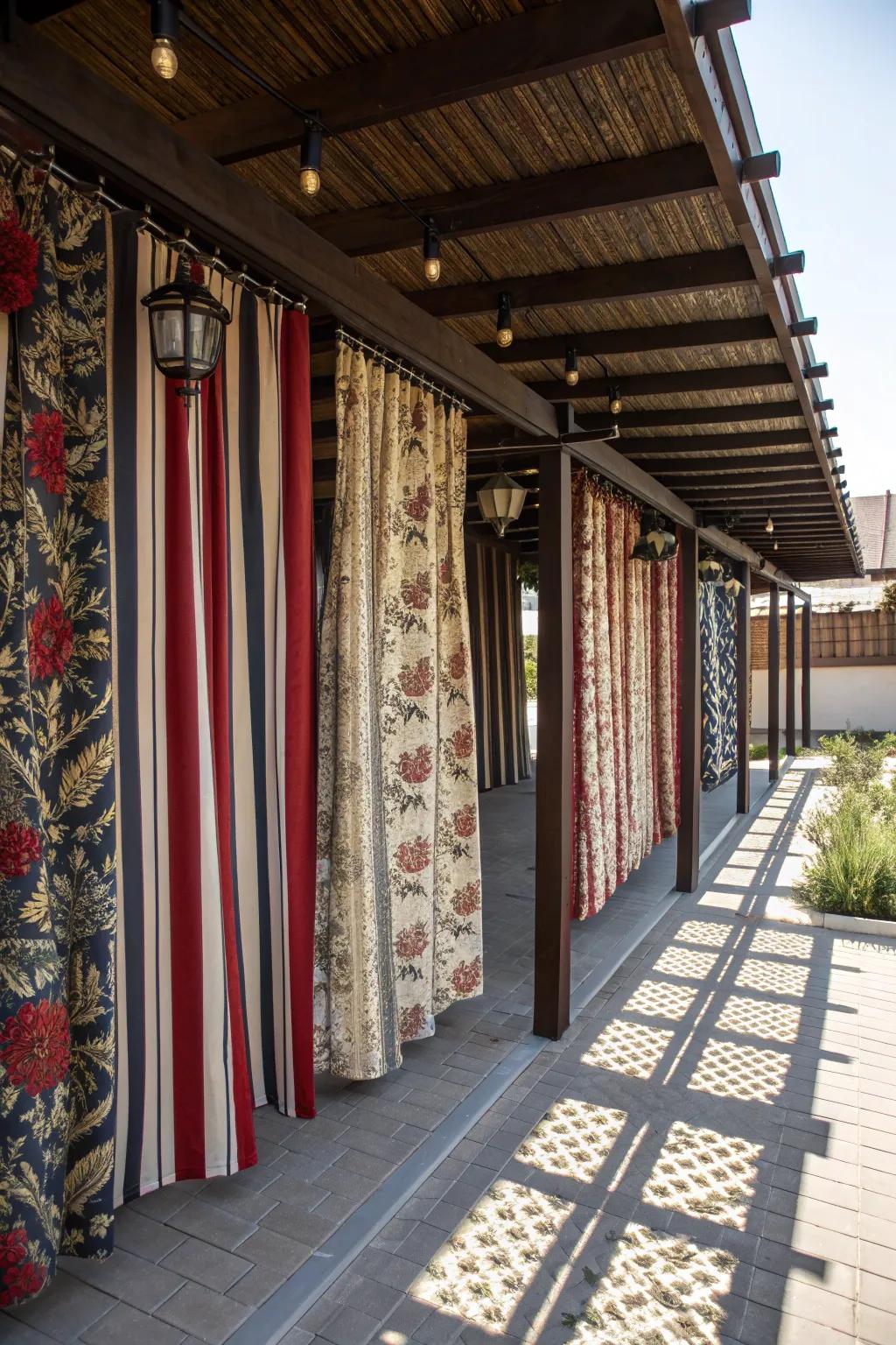 Elevate your carport with patterned curtains for a touch of style and personality.