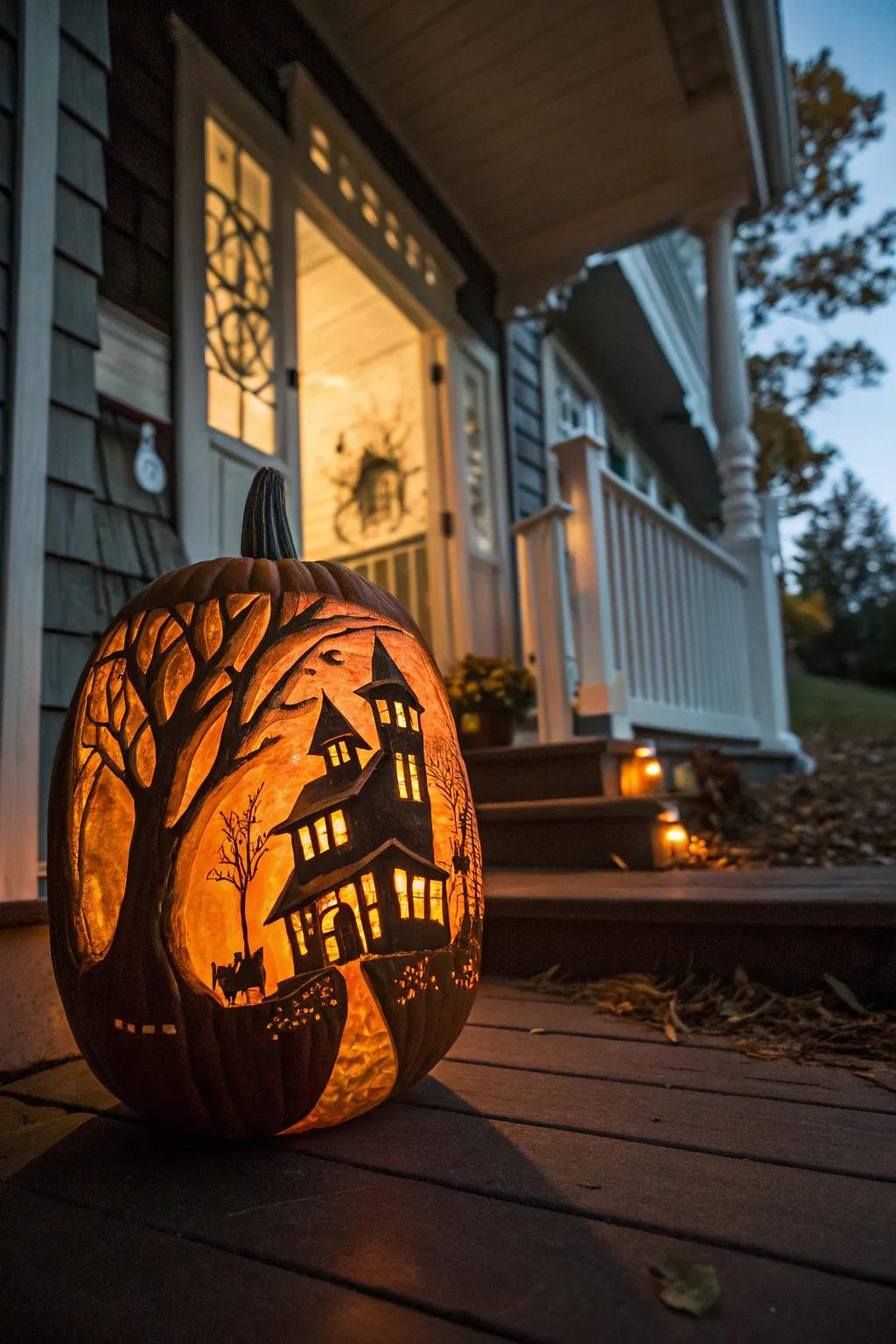 Create a spooky centerpiece with a haunted house pumpkin.
