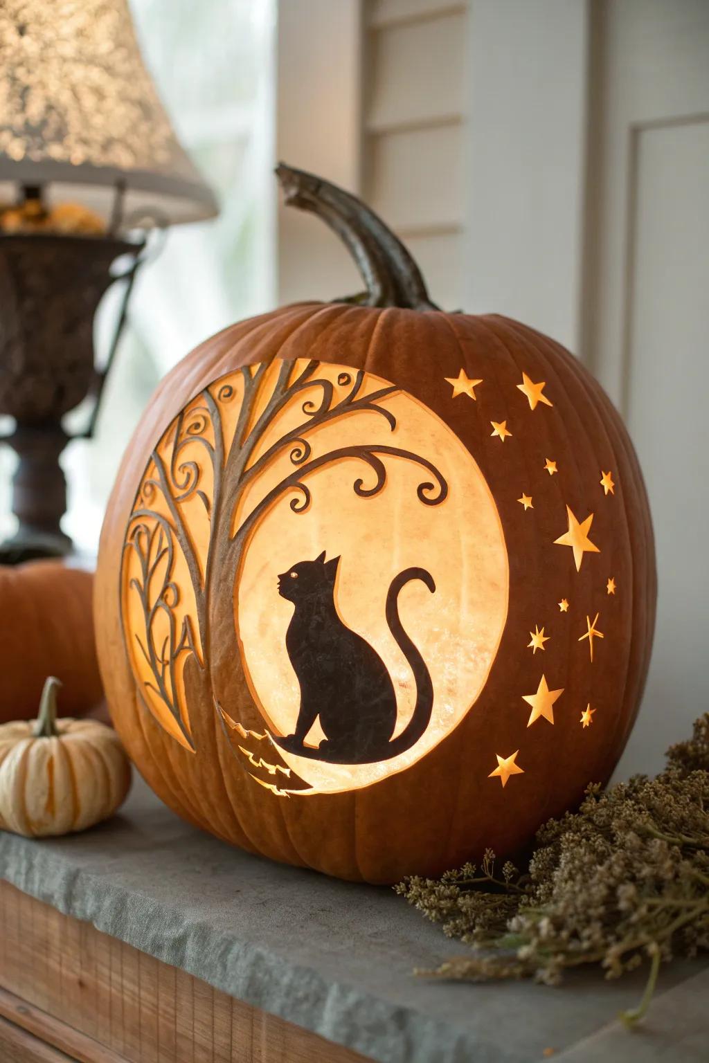 Embrace the magic of the night with this enchanting Cat in the Moon pumpkin carving.