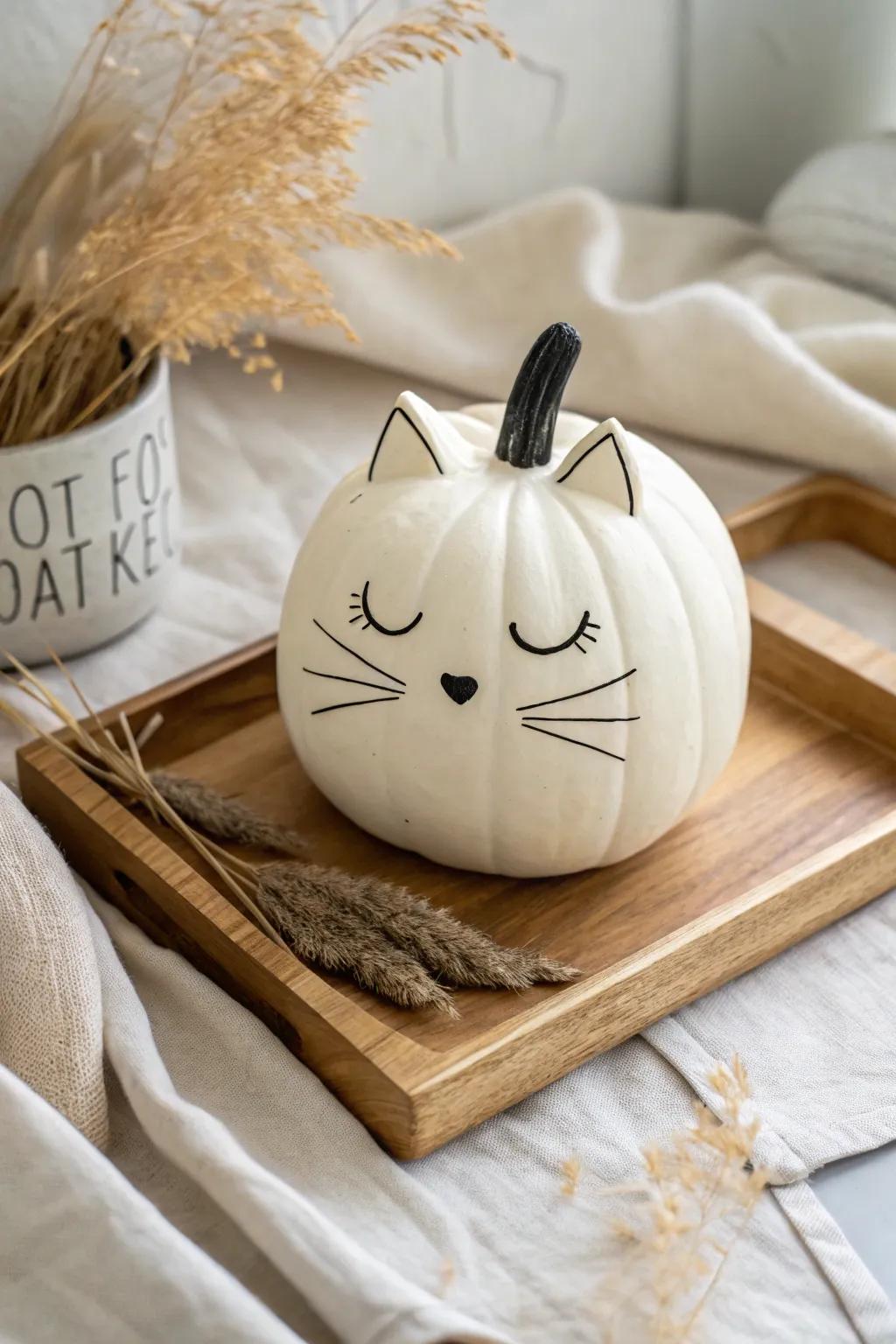 Whiskered Wonder: Elevate your autumn decor with this charming cat pumpkin, blending minimalist Scandinavian style with boho whimsy.