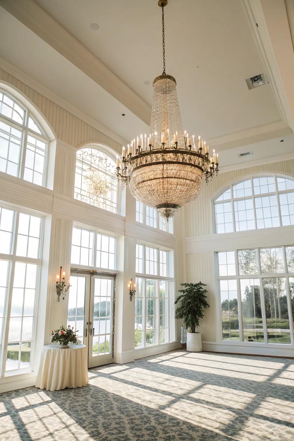 A bright and airy room featuring a chandelier that enhances natural light.