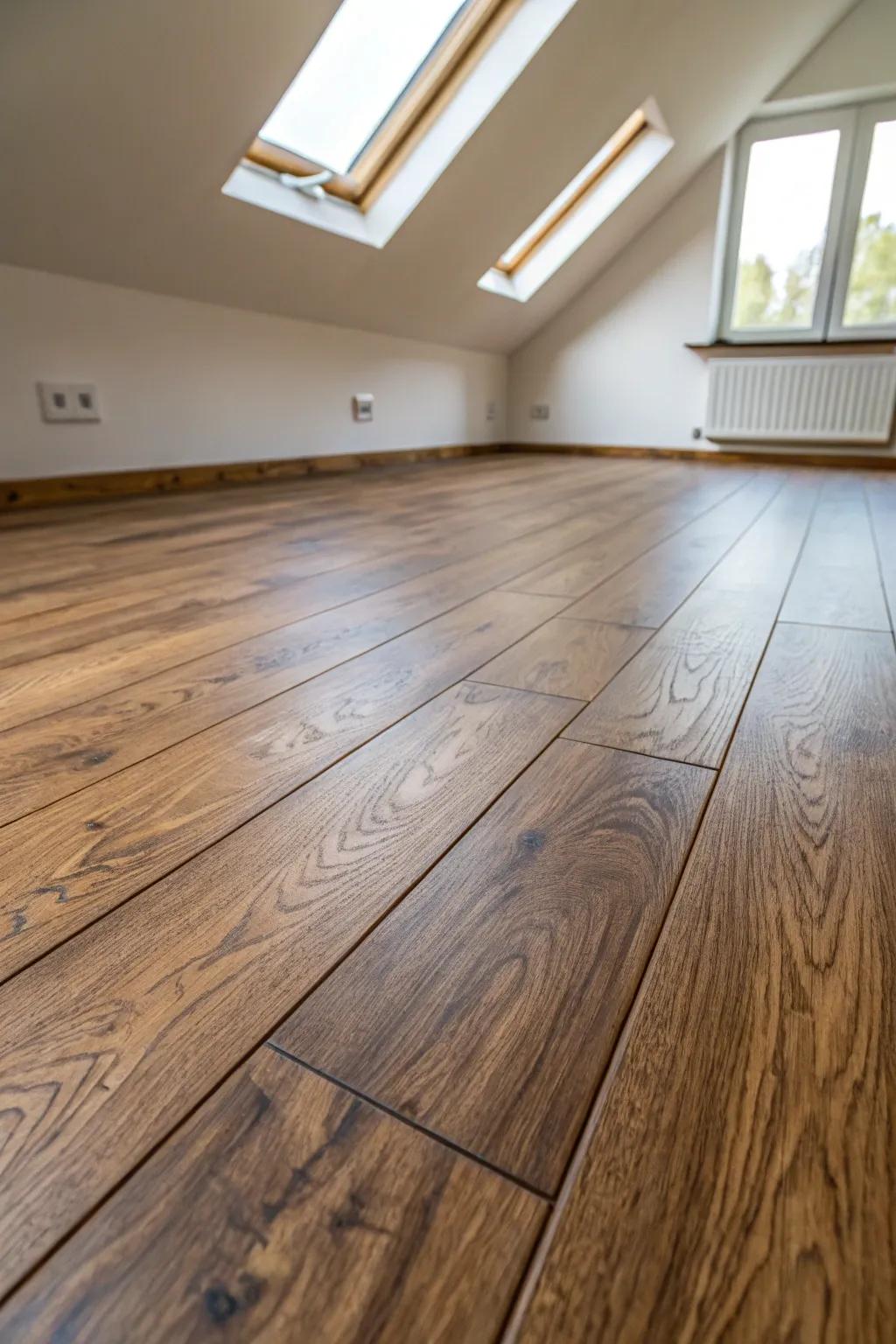 Elevate your attic space with the timeless elegance and craftsmanship of laminate flooring.