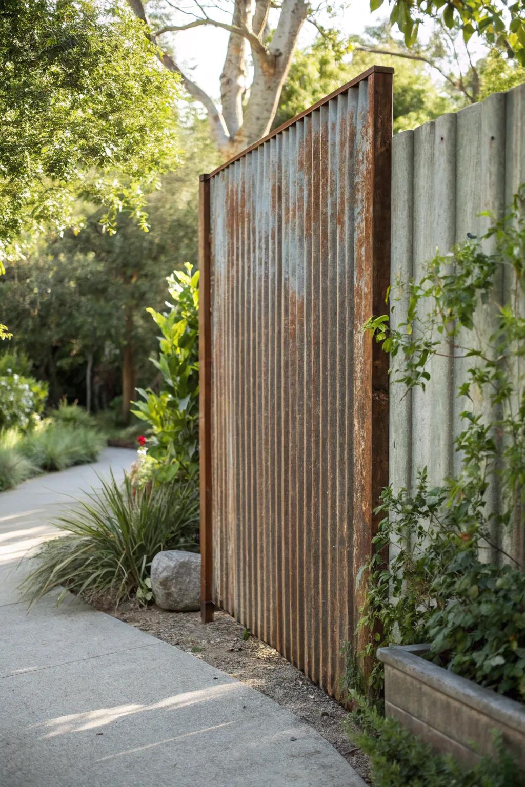 Embrace rustic elegance with a repurposed corrugated metal fence, perfect for adding character to your garden space.