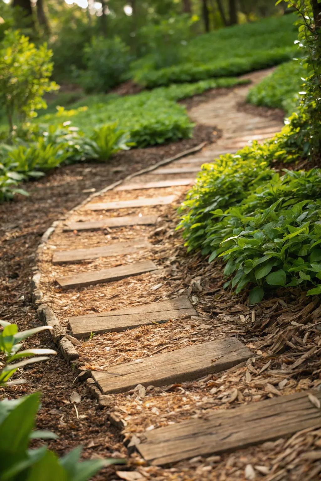 Embrace rustic charm with a wood chip pathway—nature's budget-friendly touch to your garden.