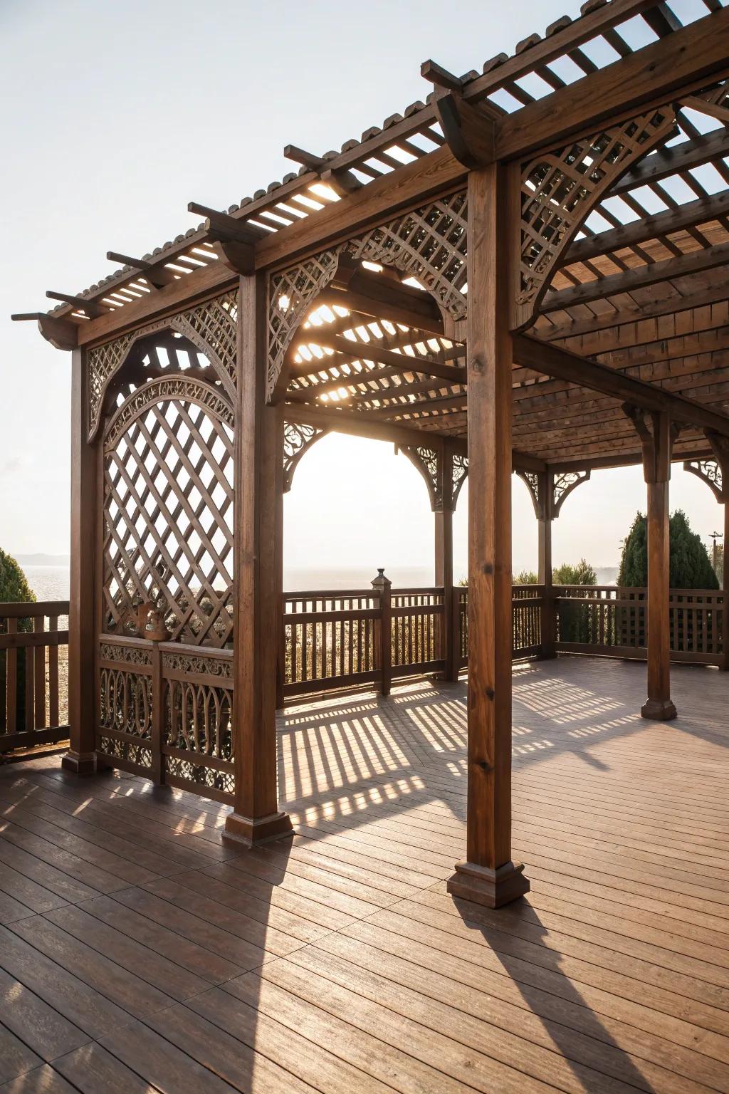Transform your deck into a serene oasis with a handcrafted lattice pergola that blends shade and style.