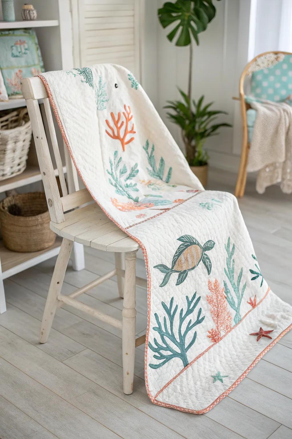 Dive into dreams with this enchanting Under The Sea quilt, where minimalist design meets whimsical ocean wonders.