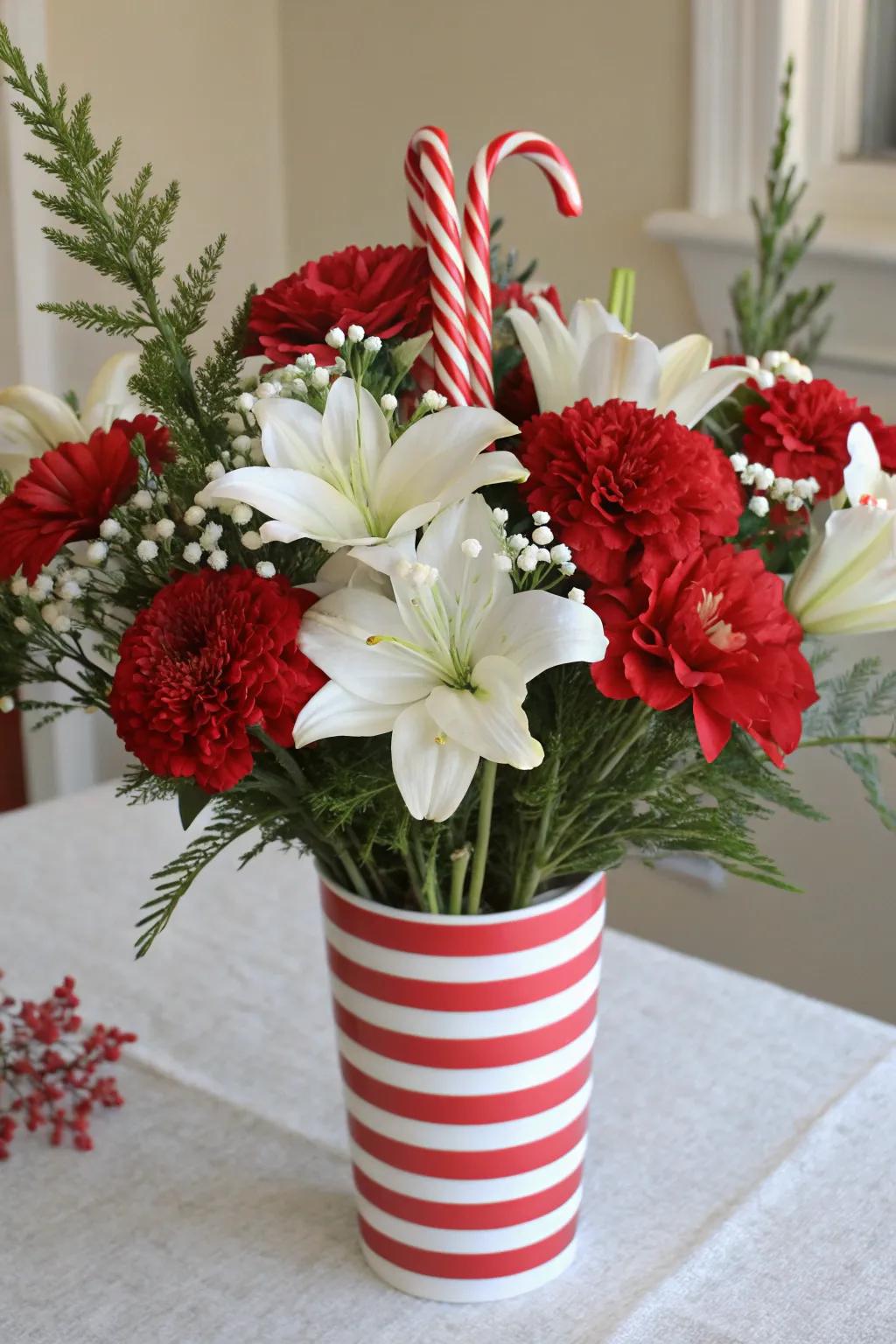 Whimsical candy cane delight with playful floral and candy elements.