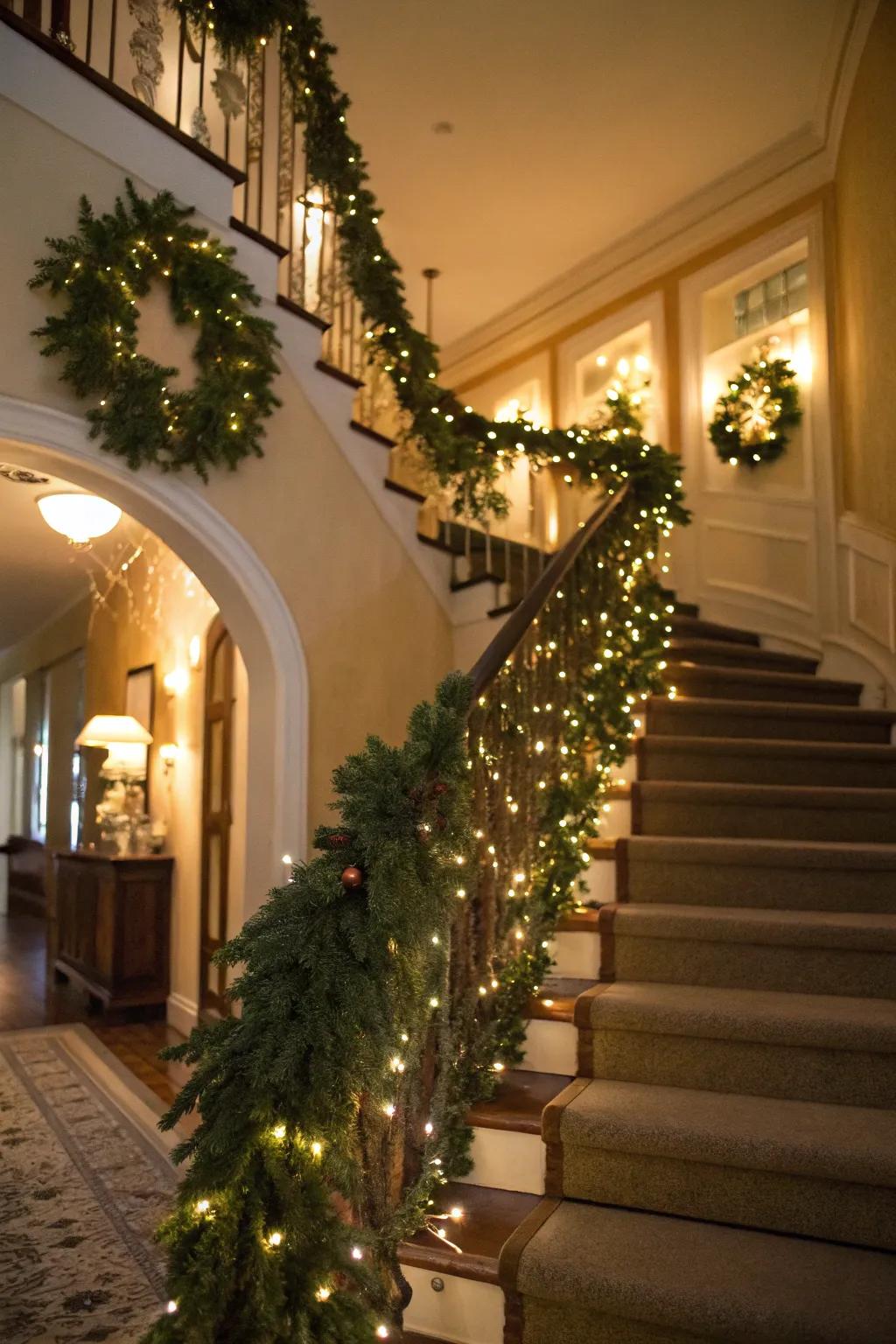 An elegantly decorated staircase with festive garlands.