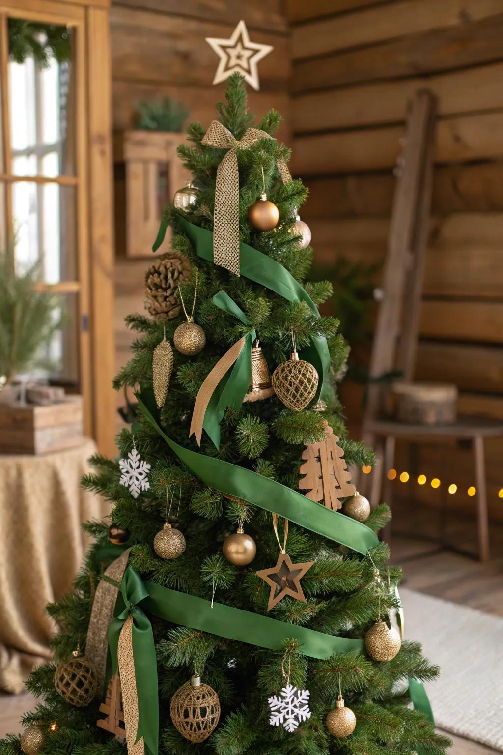 Green ribbons and earthy tones create a natural and organic Christmas tree design.