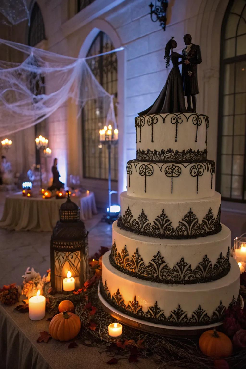 A multi-tiered cake with gothic toppers adds grandeur to the celebration.