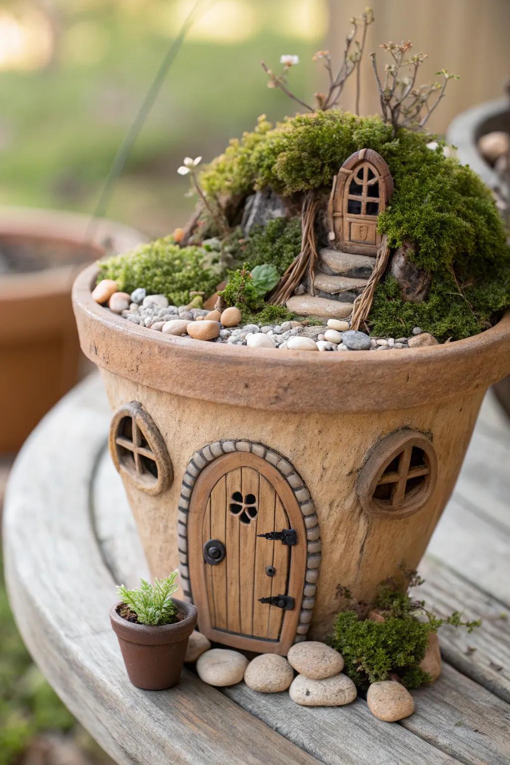 Transform your space with this enchanting fairy garden house crafted from a simple clay pot. A touch of magic in every detail!