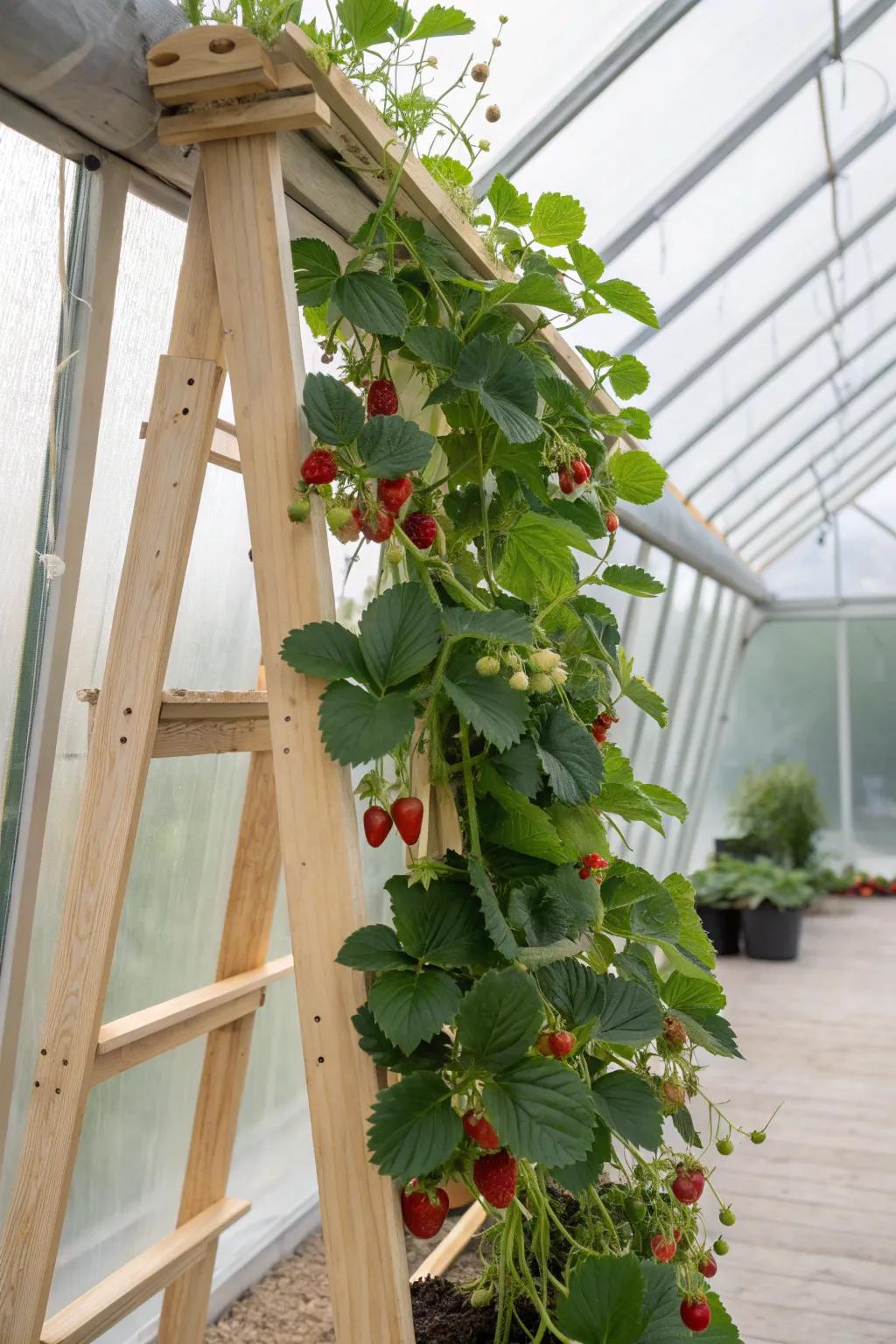 Elevate your strawberry game with vertical gardening in a minimalist greenhouse haven.