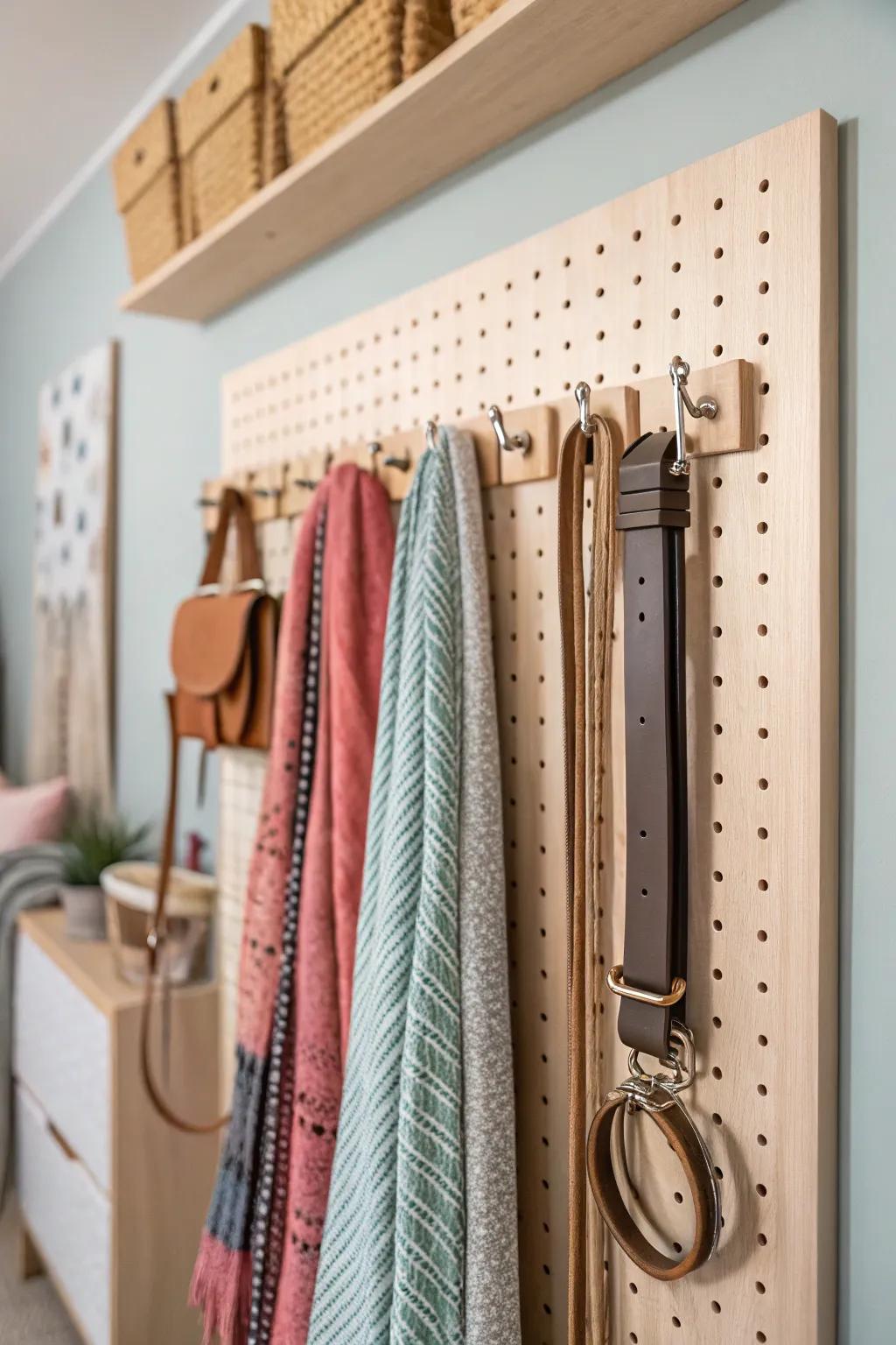 Elevate your closet organization with a chic Scandinavian-Boho pegboard system. Simplicity meets function.
