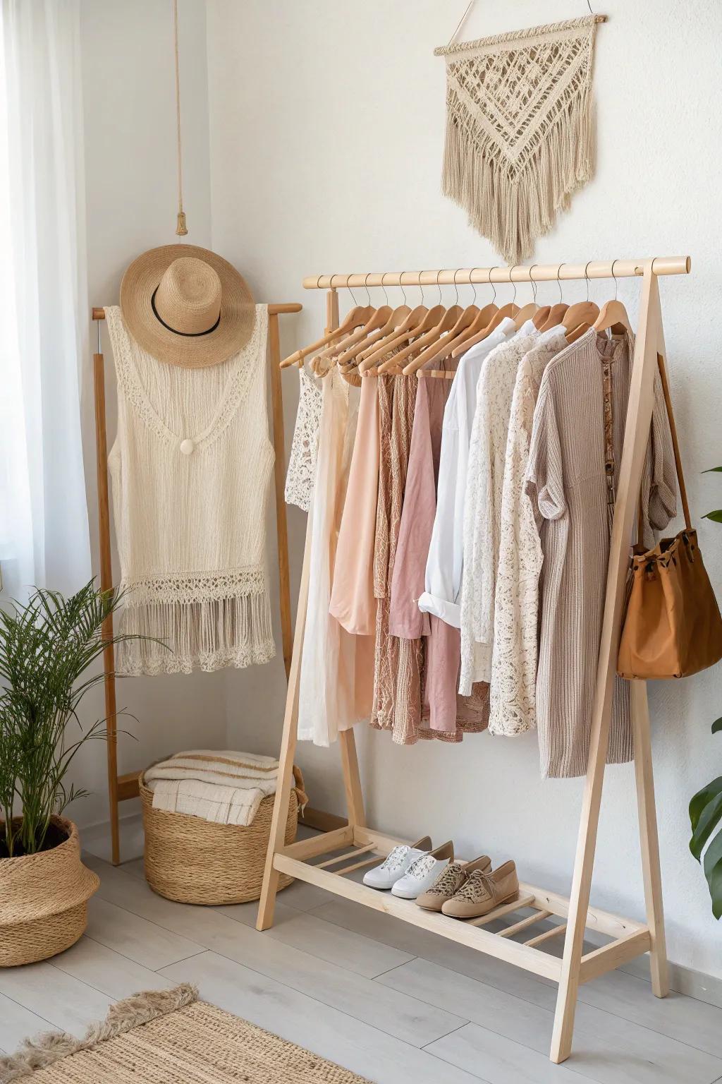 Transform your space with a minimalist clothing rack that beautifully blends Scandinavian simplicity with boho charm.