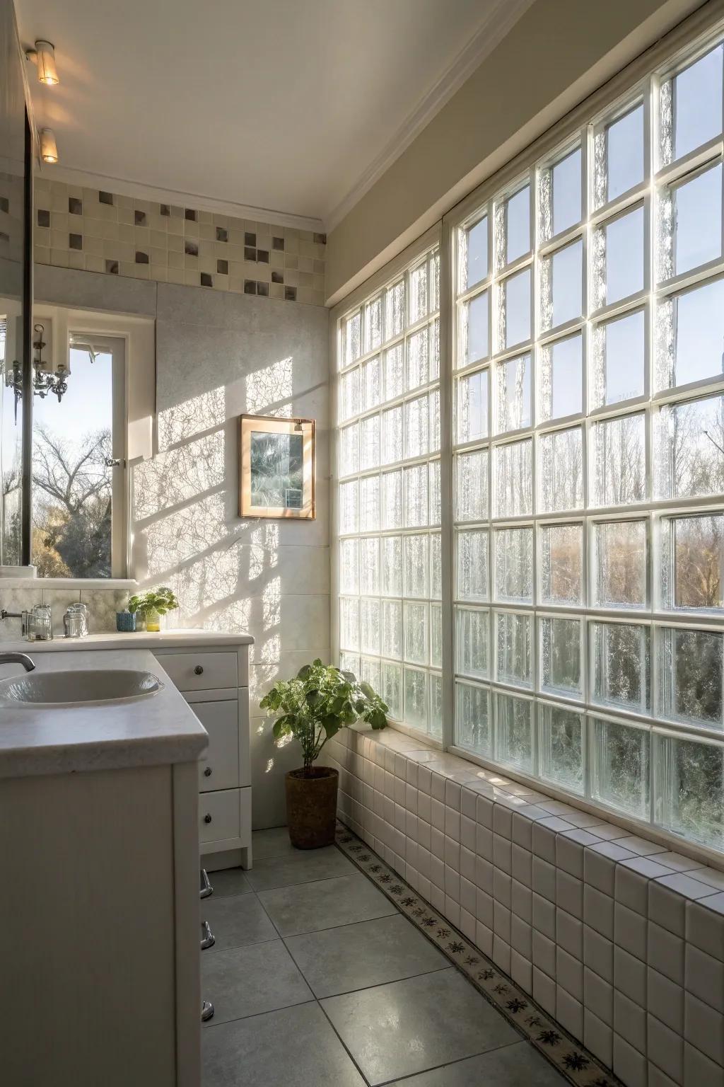 Glass tiles reflect light, enhancing the airy feel of a coastal bathroom.
