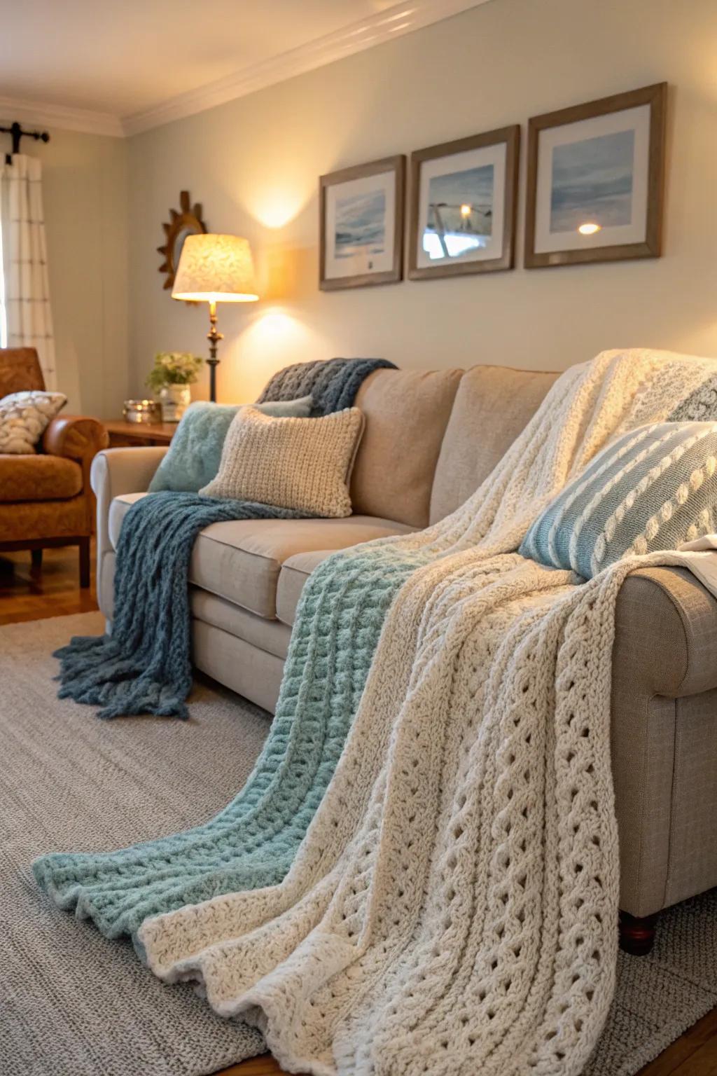 Chunky knitted throws for cozy fall evenings.