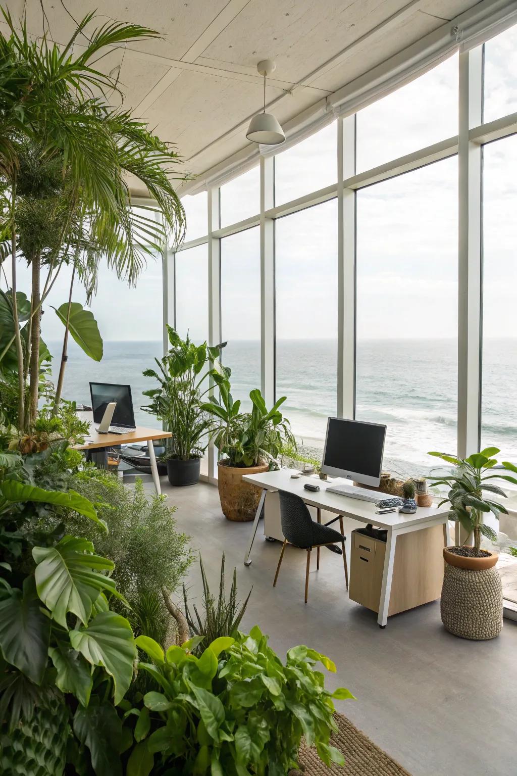 Plants enhance the fresh, airy feel of a coastal office.