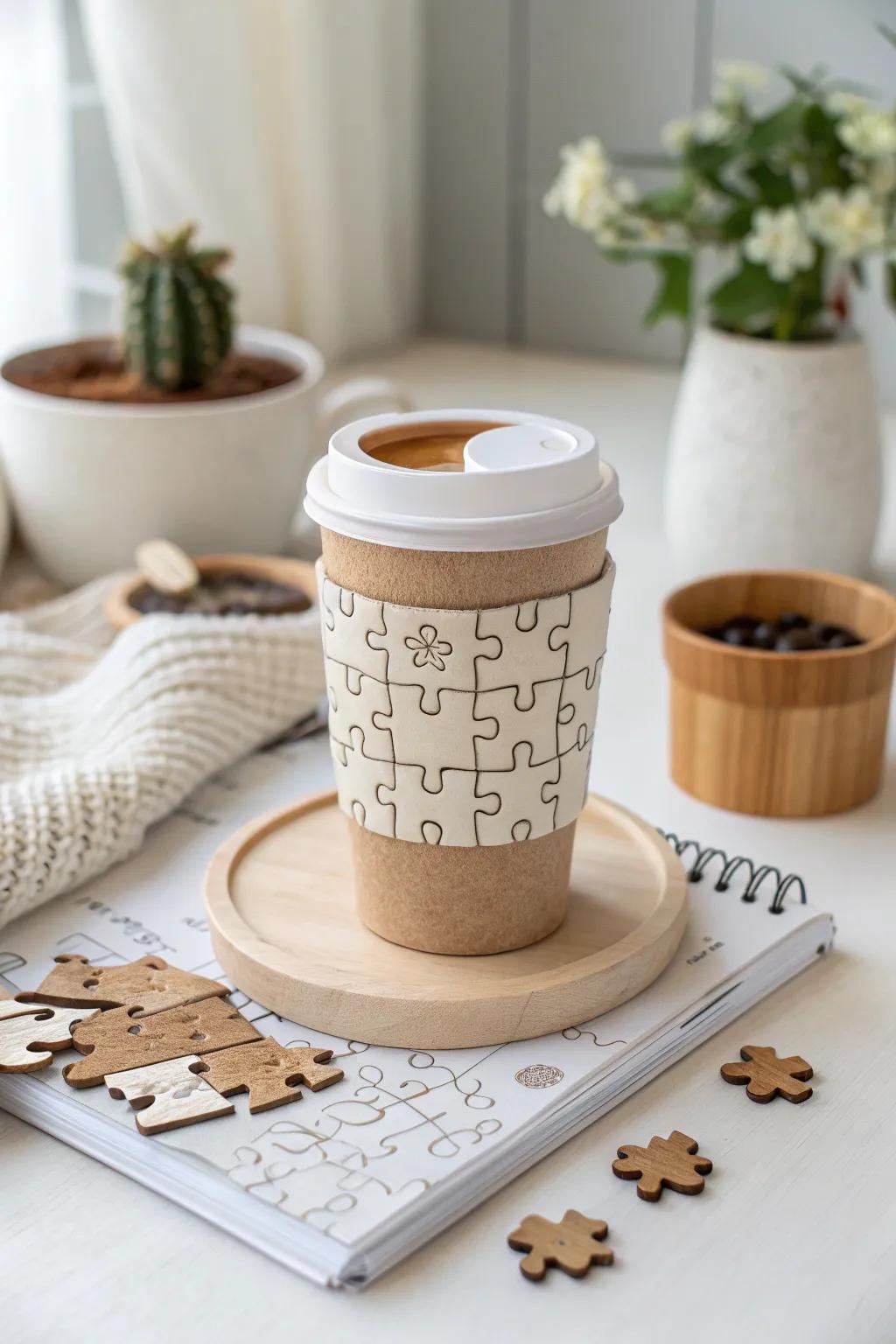 Sip, solve, and savor the moment with our handcrafted puzzle coffee sleeve.