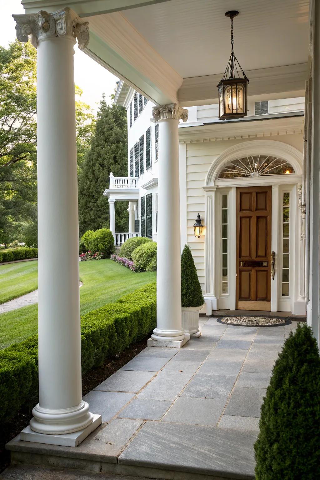 Pillars add grandeur and emphasize the colonial architecture of the entrance.