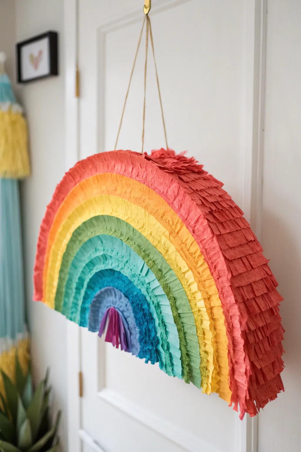 Experience a burst of color and texture with this handcrafted rainbow piñata – a minimalist masterpiece.