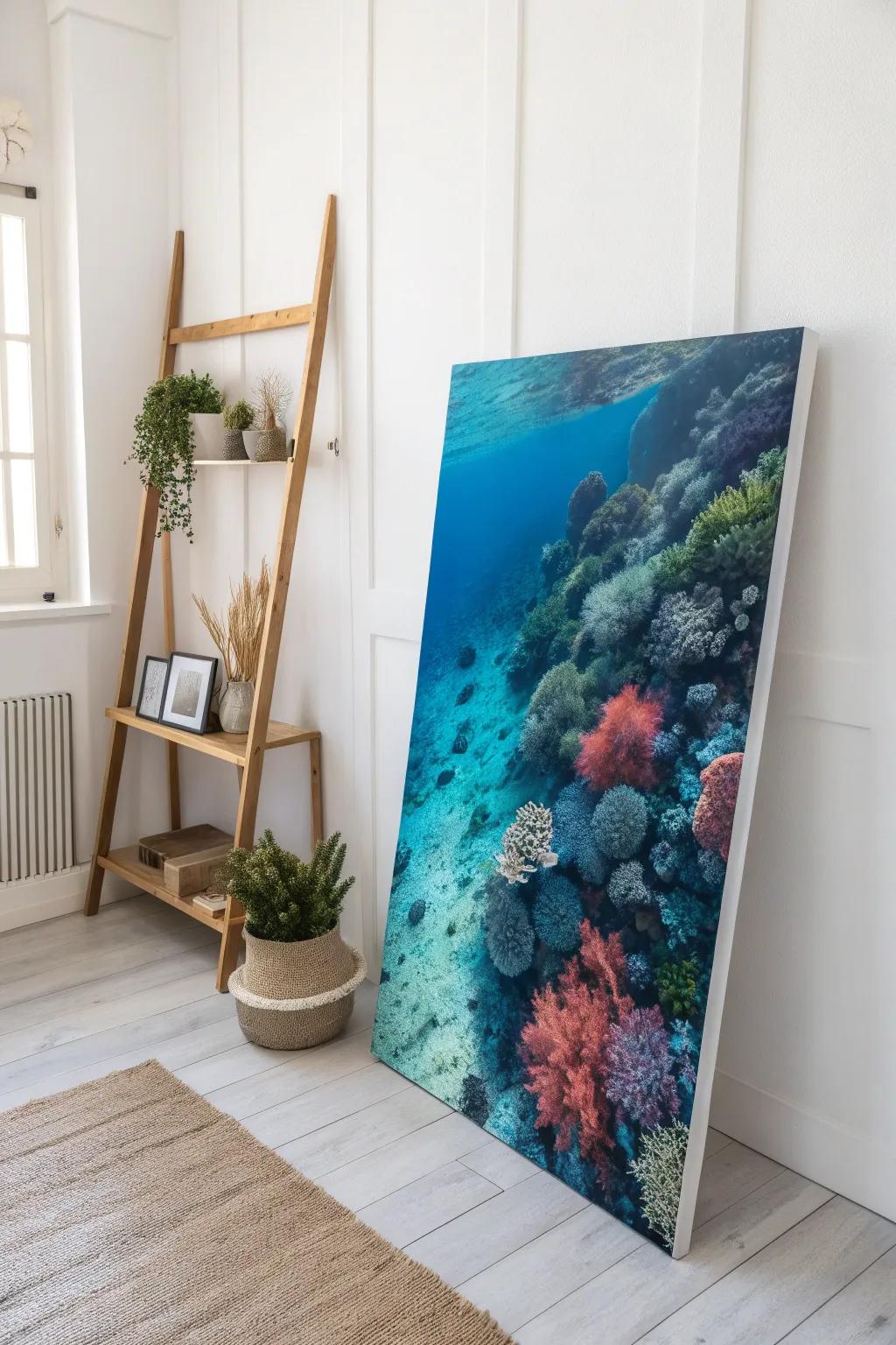 Dive into the tranquility of ocean hues and coral wonders with this painted masterpiece.