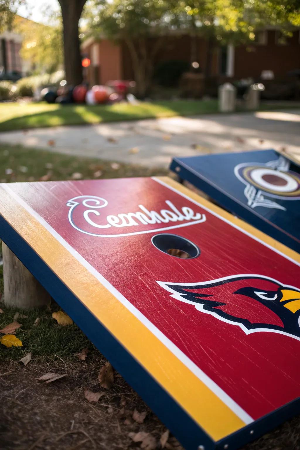 Elevate your game day with a cornhole board that screams team spirit! #Craftsmanship #TeamLoyalty