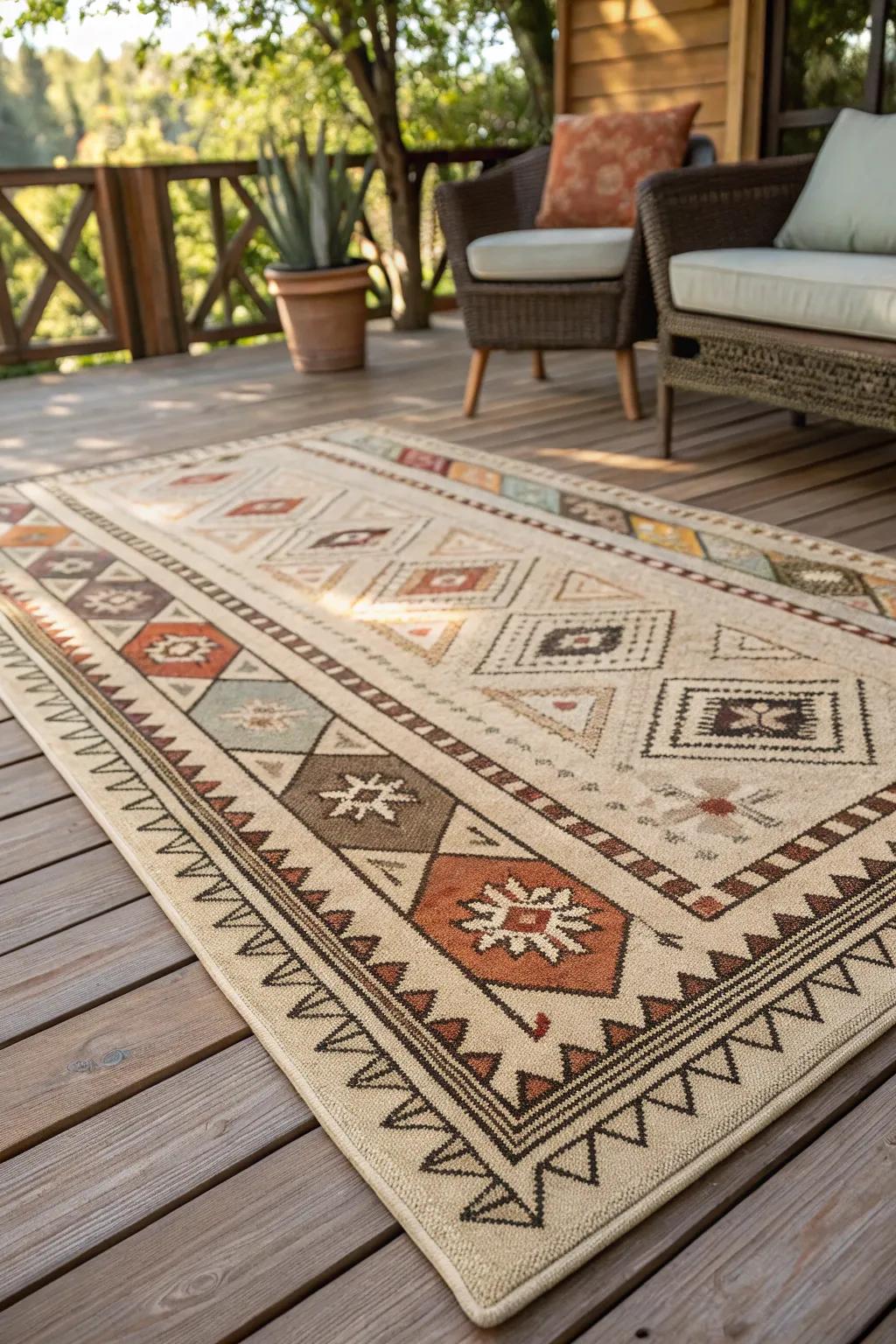 Transform your deck into a cozy retreat with a vibrant outdoor rug.