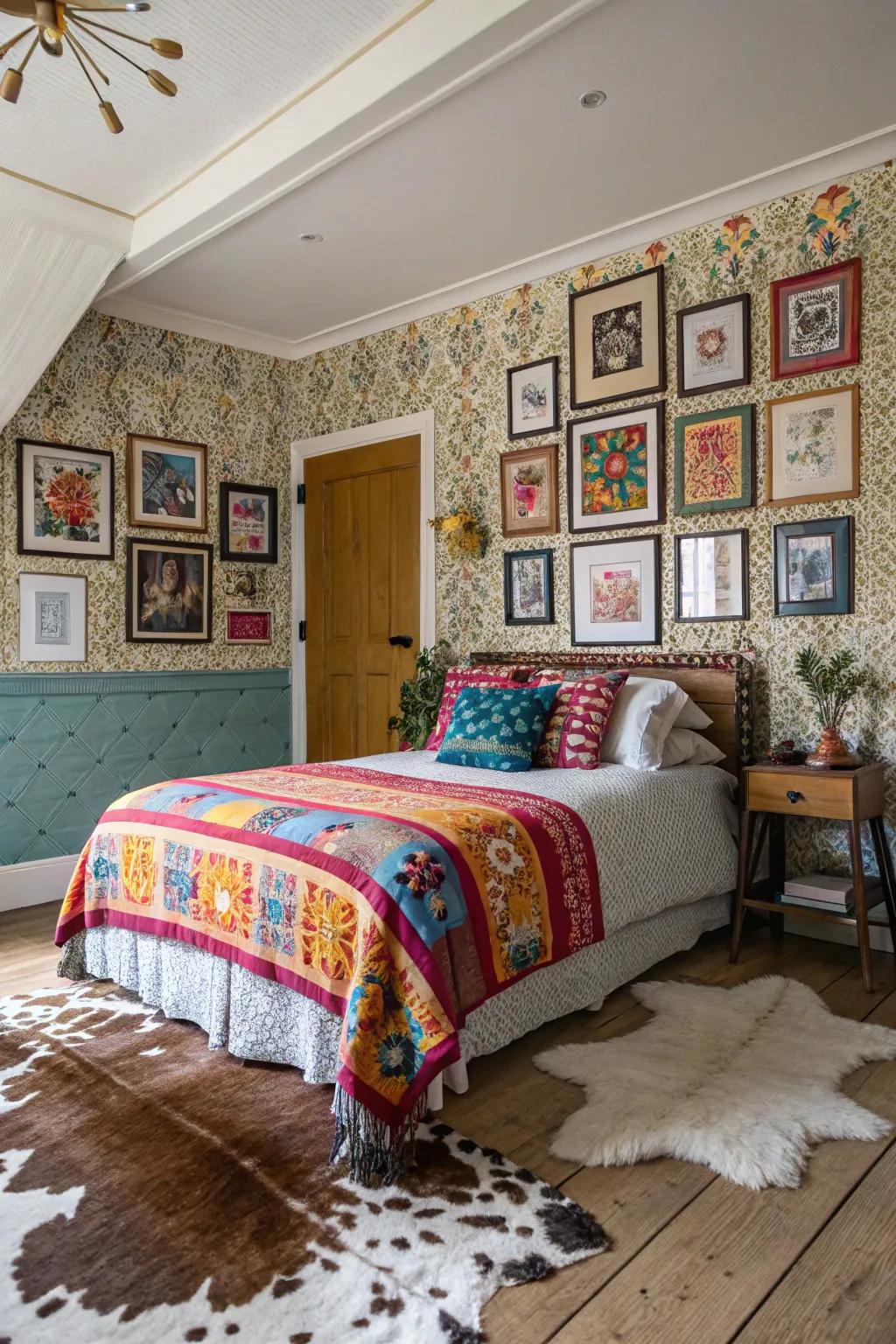 Eclectic bedroom showcasing a mix of patterns with a cowhide rug.