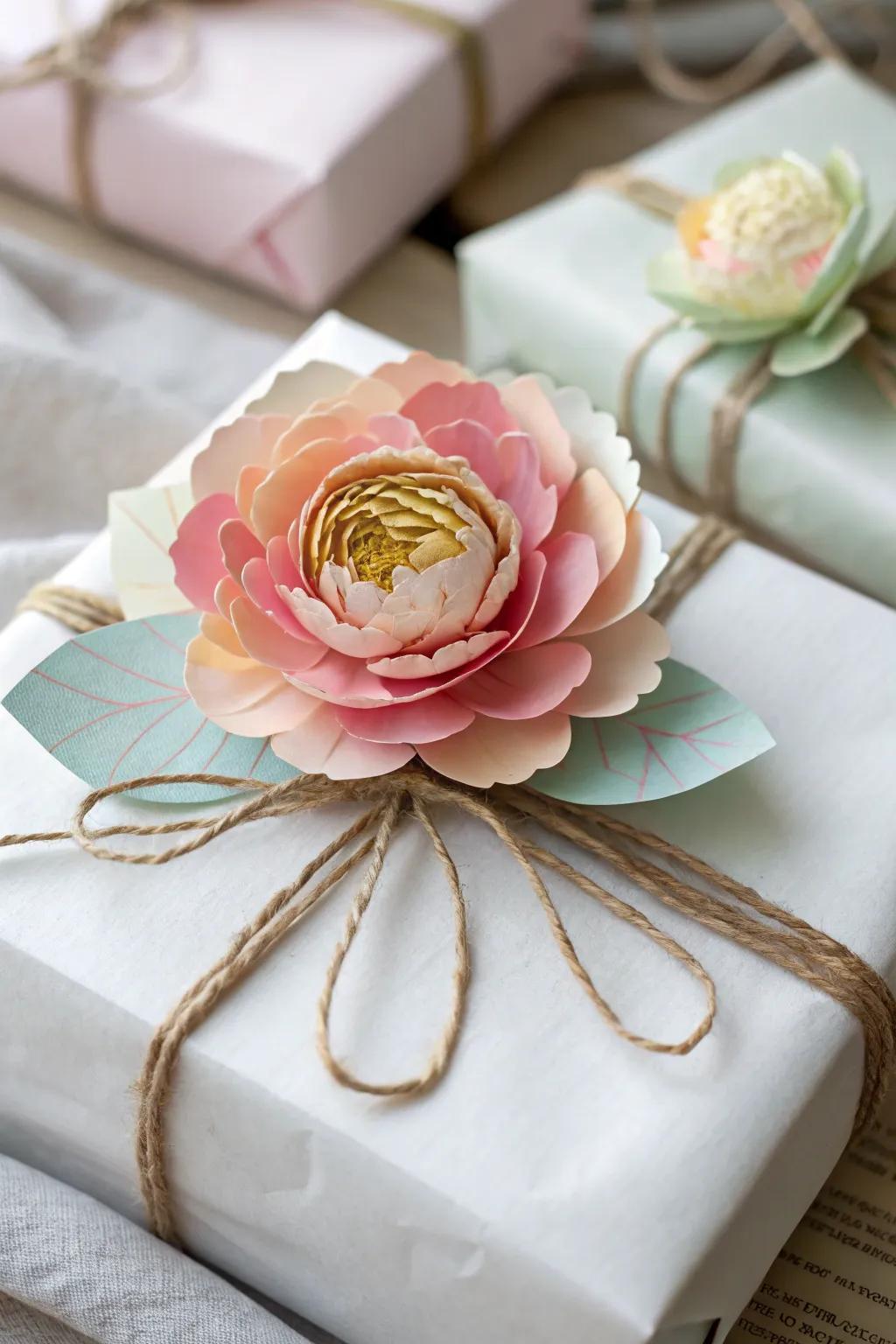 Add a touch of elegance to your gifts with handcrafted paper flower toppers.