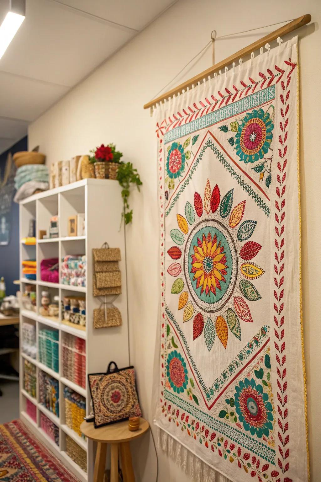 Textile wall hangings add texture and warmth.