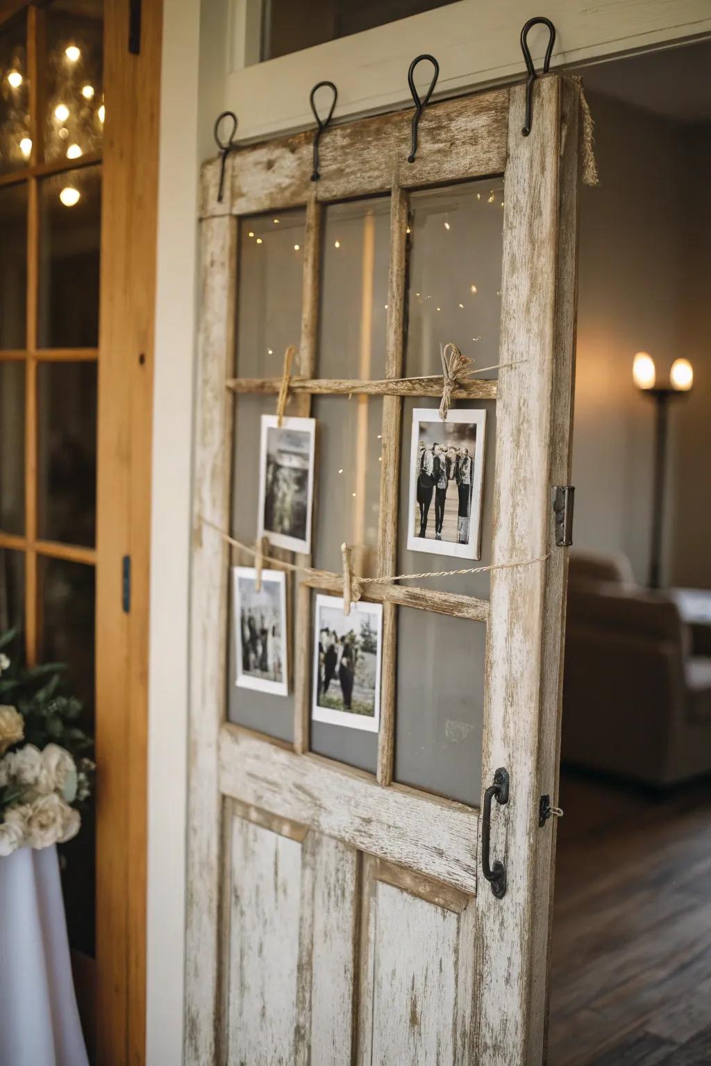 Transform memories into art with this charming vintage door photo display.