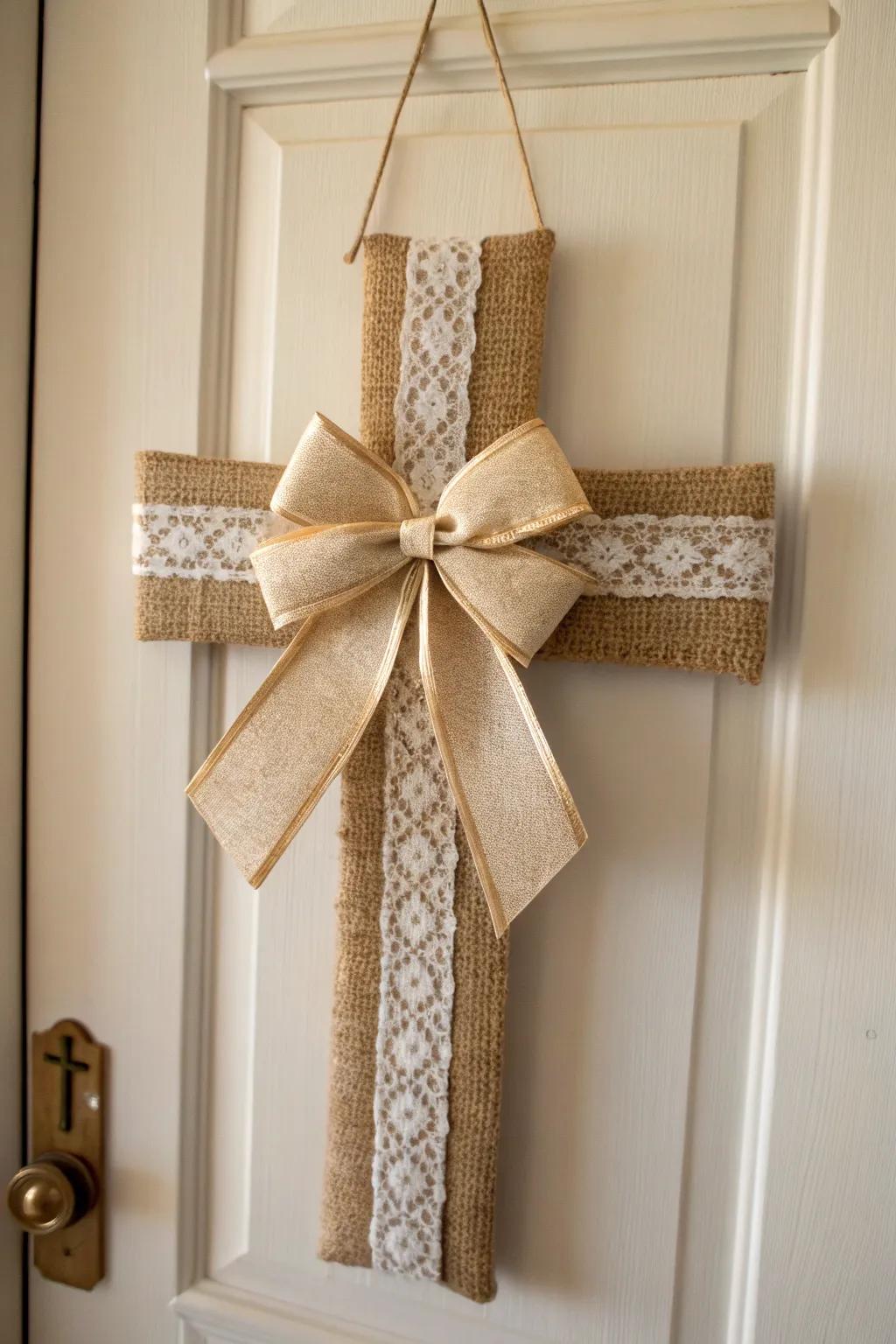 Embrace rustic elegance with this Burlap and Bow cross hanger.